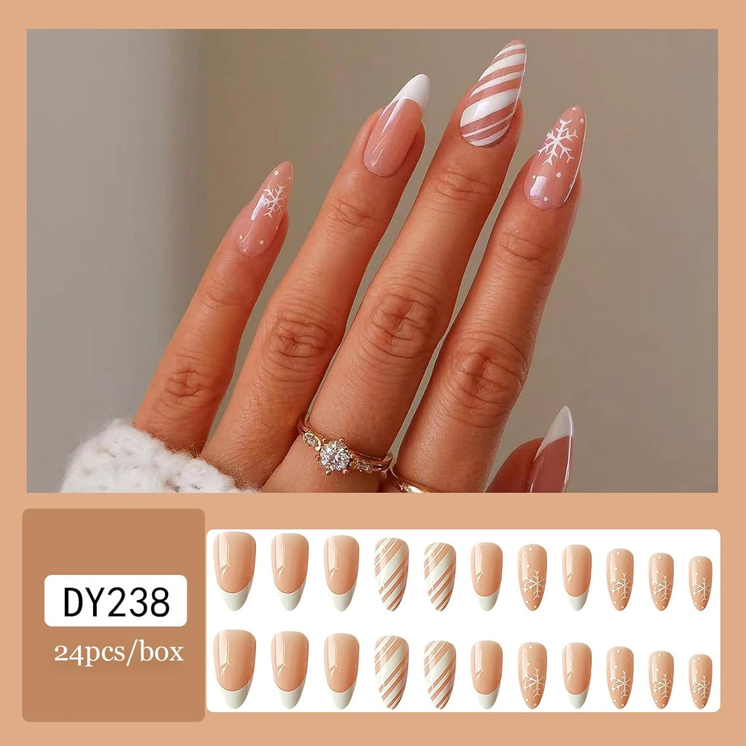 24 Pcs Snowflake Fake Nails Medium with White Nail Tips Designs, Almond Shaped Christmas Press on Nails Glossy Full Cover Glue on Nails with White Snowflakes Design for Women Girls image number 6