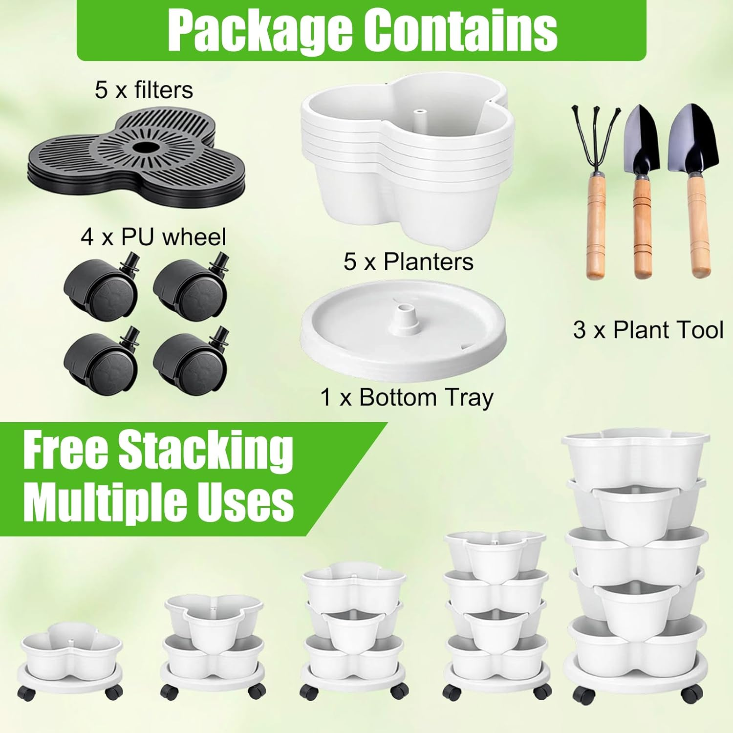 Vertical Planter, 5 Tier Stackable Planters, Indoor Outdoor Gardening Pots with Removable Wheels and Tools, Vegetable Planter for Grow Herbs, Strawberries, Flowers, Succulents image number 2