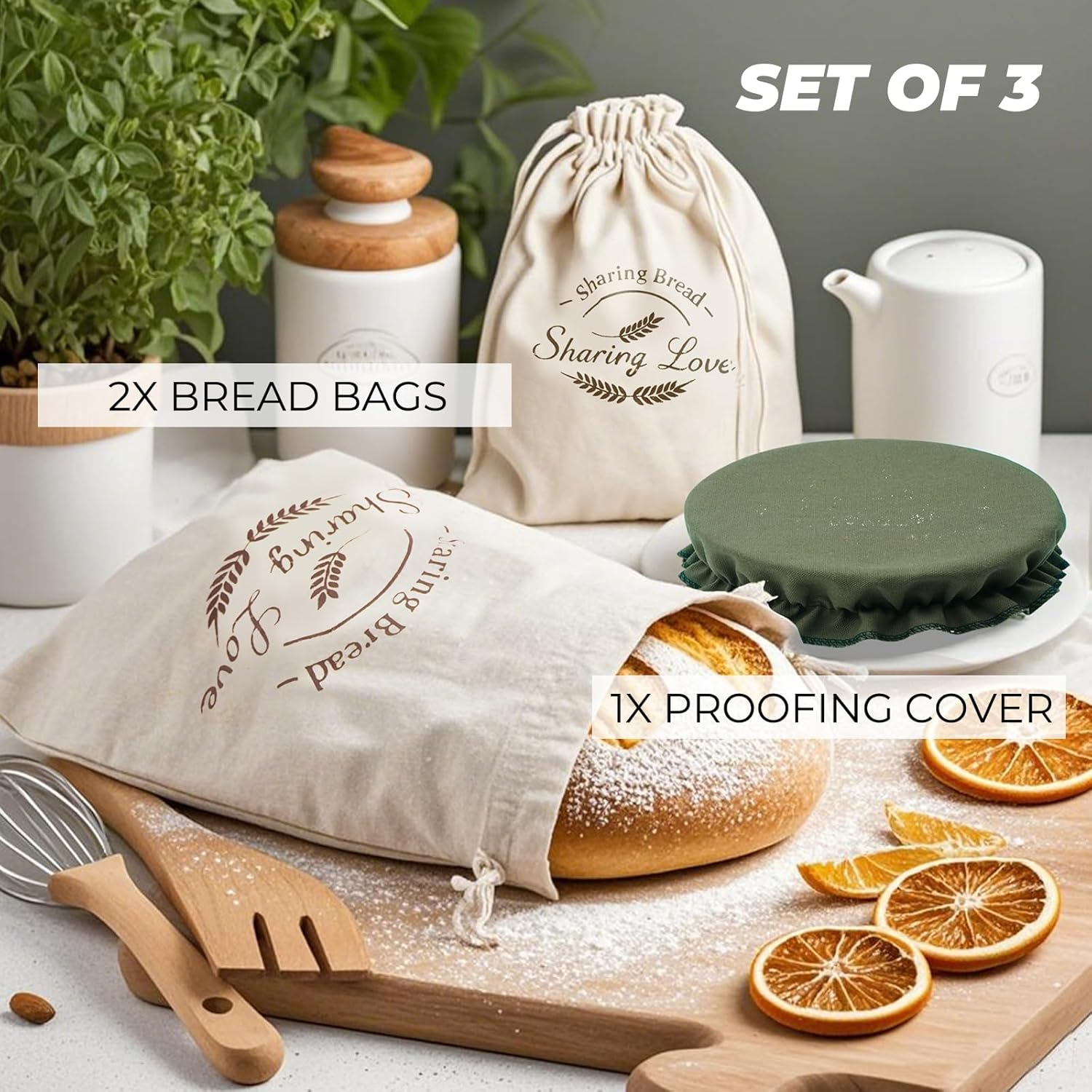 [2Pack+1] Bread Bags for Homemade Bread with Proofing Bowl Cover - Reusable Linen Sourdough Bread Storage Bag to Keep Sourdough Fresh, Easy to Clean image number 1