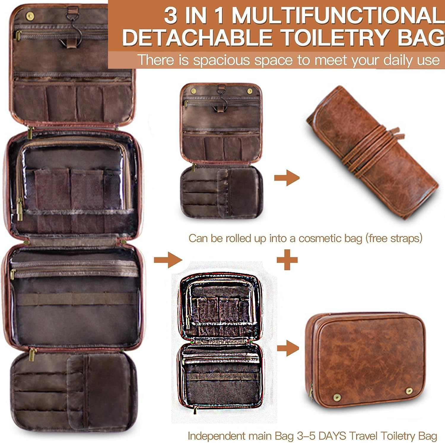 Hanging Toiletry Bag for Men and Women &ndash; 3-In-1 Travel Organizer, Water-Resistant PU Leather Dopp Kit, Large Makeup & Shaving Bag for Toiletries Accessories image number 5