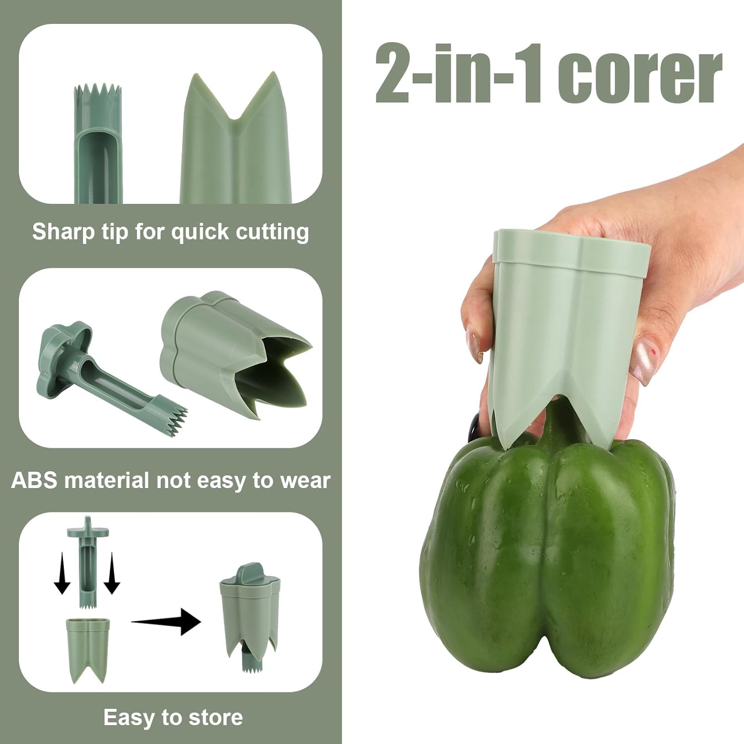 2Pcs Pepper Corer, 4.45X2.2X2.2In/11.3X5.6X5.6Cm ABS Material Pepper Deseeder 2 In1 Fruit Corer Cutter Kitchen Essential for Kitchen Home Family Camping(Green) image number 5