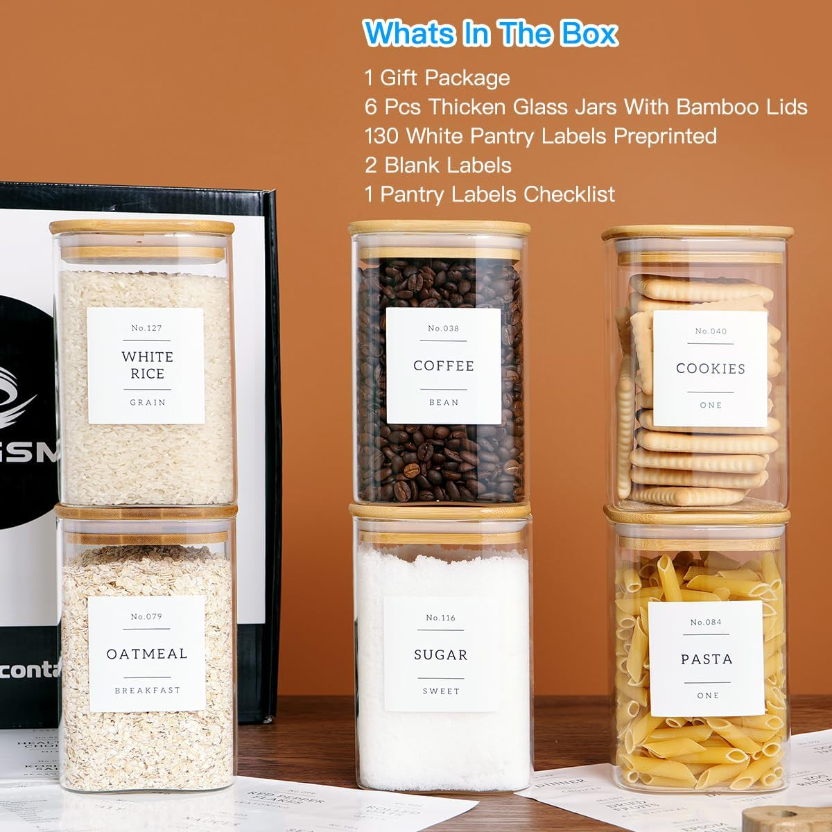 CZZGSM 6 Pack Square Glass Kitchen Storage Jars with Airtight Bamboo Lids and 132 Pantry Labels - 35Oz Glass Canisters with Wood Lids - Glass Food Storage Containers for Coffee, Cookie, Tea, Spice image number 6