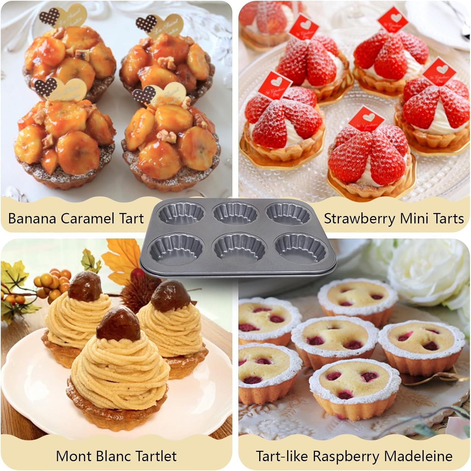 Sinsanye Mini Tart Pan, 2.75" Egg Tart Molds 6-Cavity Non Stick Fluted Mini Tart Mould, Reusable Quiche Bakeware Carbon Steel for Pies, Quiche, Cheese Cakes, Desserts