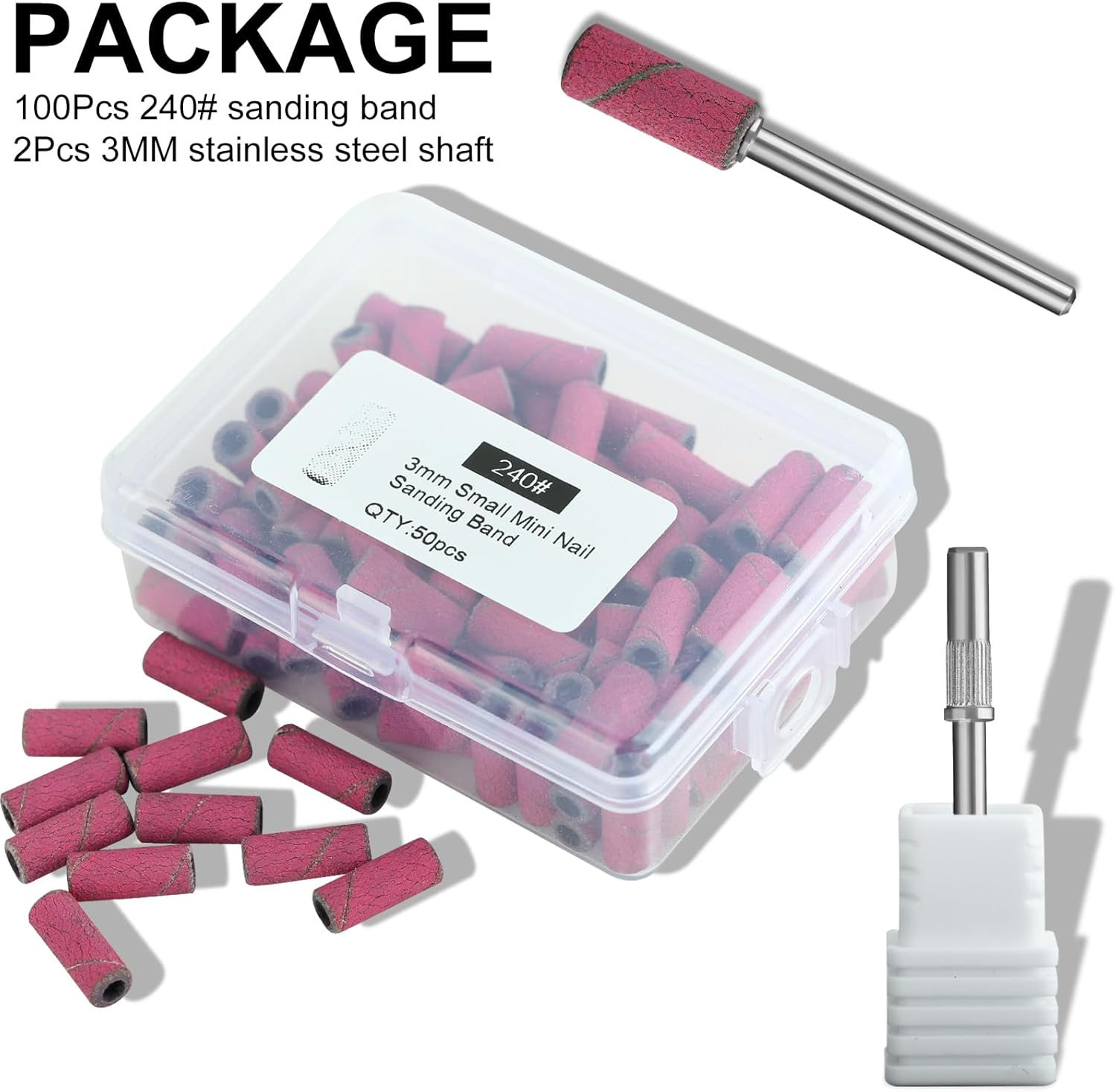 C12Rtive 100 Pcs 3Mm Professional Small Sanding Bands & 2Pcs Small Mandrel Bit Set for Nail Drill,240# Upgrade Design 3Mm Nail File for Manicures and Pedicure with Stainless Steel Shaft - 150 image number 4