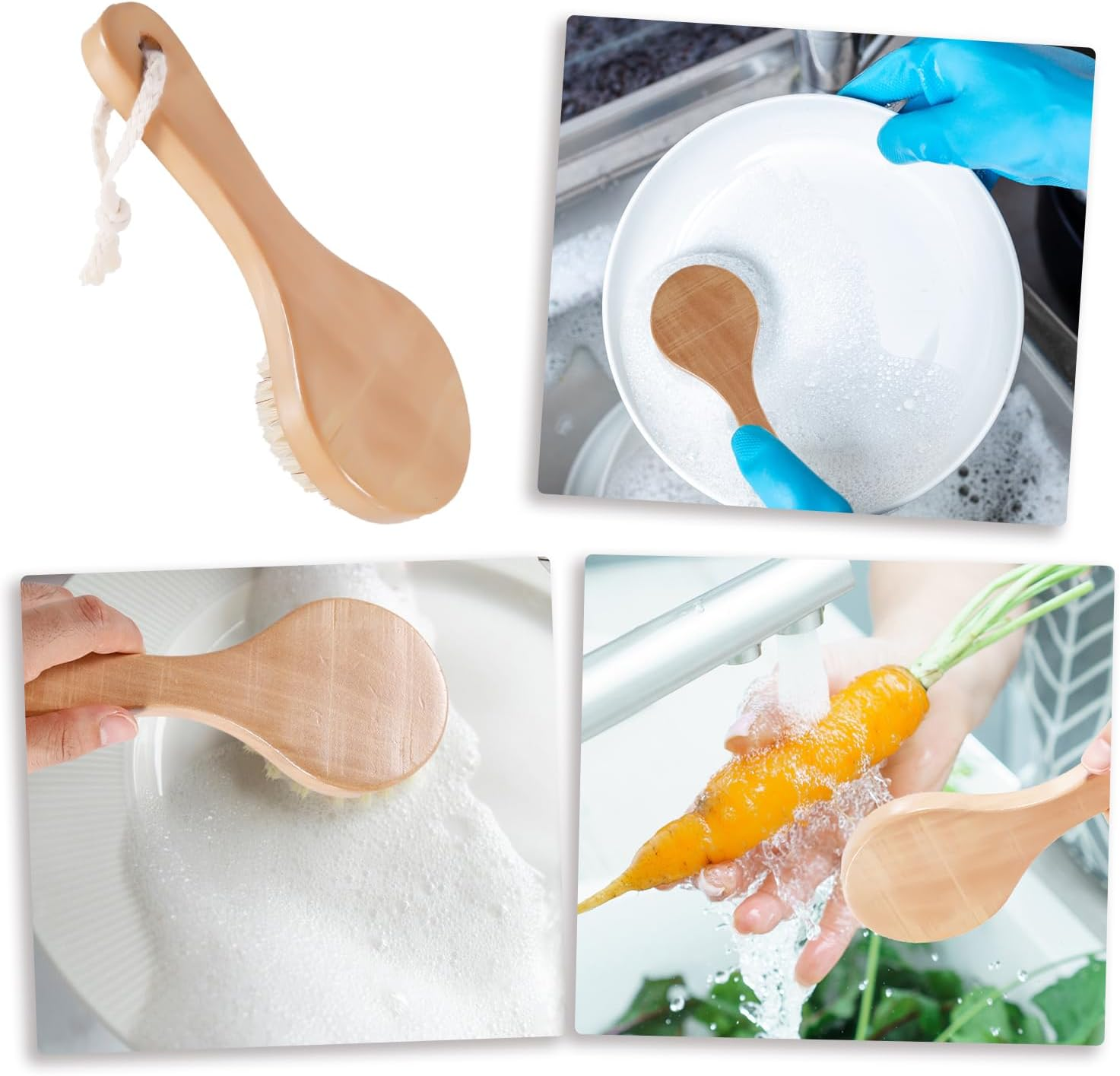 Vegetable Brush, 7.87X3.15 Inch Potato Scrubber with Long Ergonomic Handle Fruit Scrub Brush Carrot Brush Cleaning Brush Wooden Dish Brush for Cleaning Food Vegetable Kitchenware image number 4