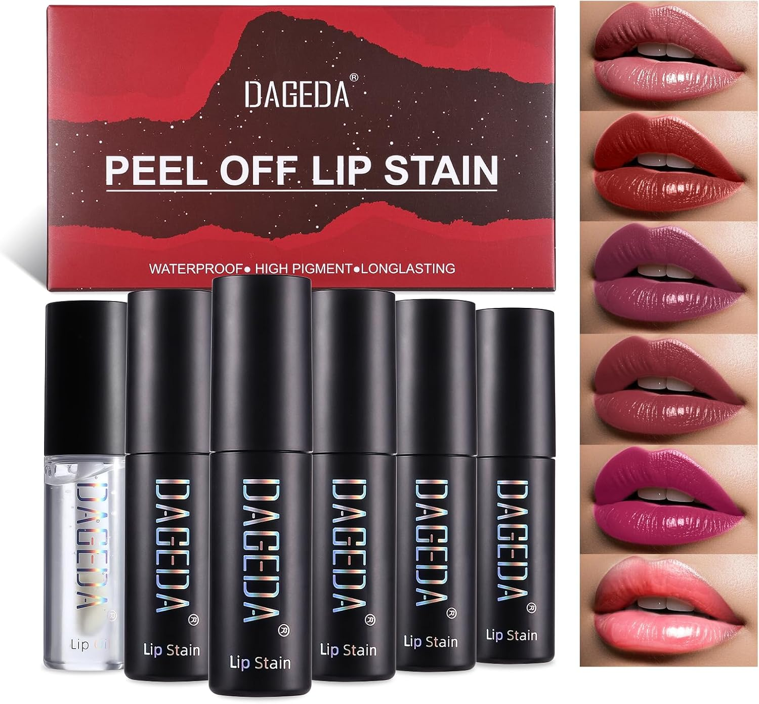 DAGEDA 5 Colors Peel off Lip Stain Set,Tattoo Lip Stain Tint with Moisturizing Lip Oil, Highly Pigmented,Waterproof Long-Lasting Peel off Lip Liner Stain,Matte Finish Lip Makeup image number 6