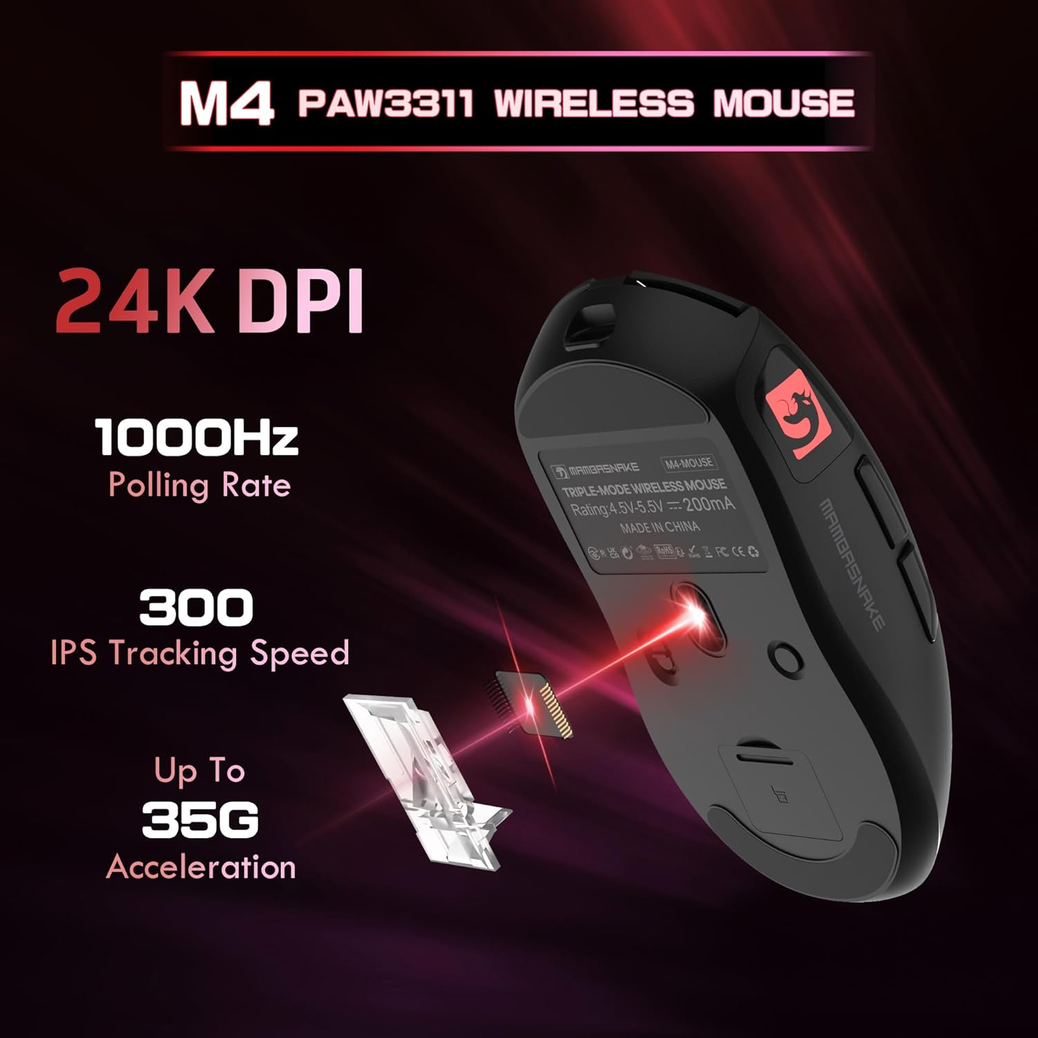 MAMBASNAKE M4 Ultra-Light Wireless Gaming Mouse, 53G, PAW3311 Sensor, 24000DPI, Tri-Mode Bluetooth/2.4G/Wired, RGB Lighting, 400Mah Battery, 20M Clicks (Black) image number 3