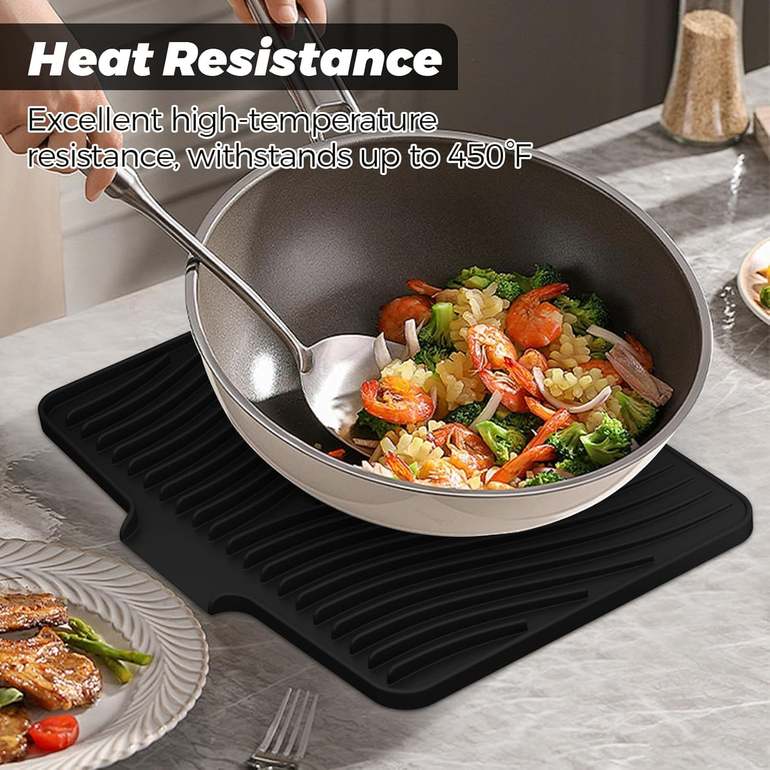 Silicone Dish Drying Mat for Kitchen Counter, Dish Drying Pad, Non-Slip Drain Pad with Built-In Drain, Heat Resistant Stone Drying Mat (Black, 15.8" X 13") image number 3