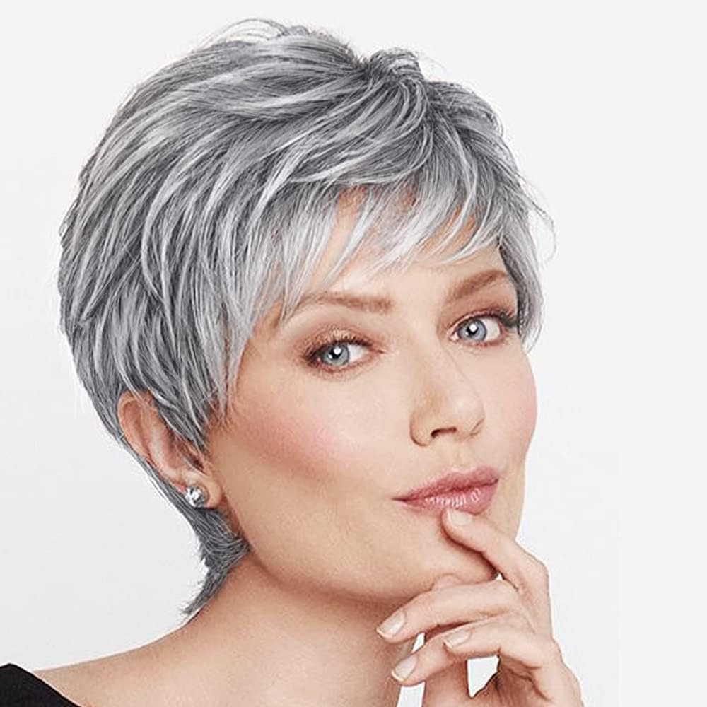 QUEENTAS Short Blonde Wigs for Women Layered Blonde Mixed Brown Pixie Cut Wig with Bangs Synthetic Short Hair Replacement Wig