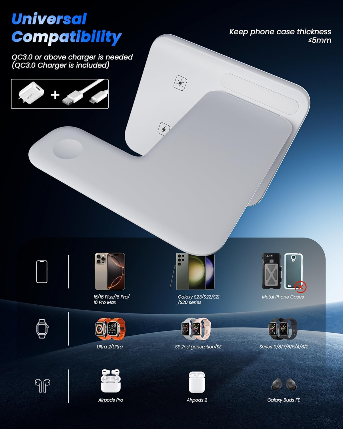 3-In-1 Wireless Charger for Apple, 15W Fast Wireless Charging Station, 3 In1 Wireless Charger Dock Compatible with Iphone 16/15/14, Airpods, Apple Watch, Iwatch 10/9/8 image number 3