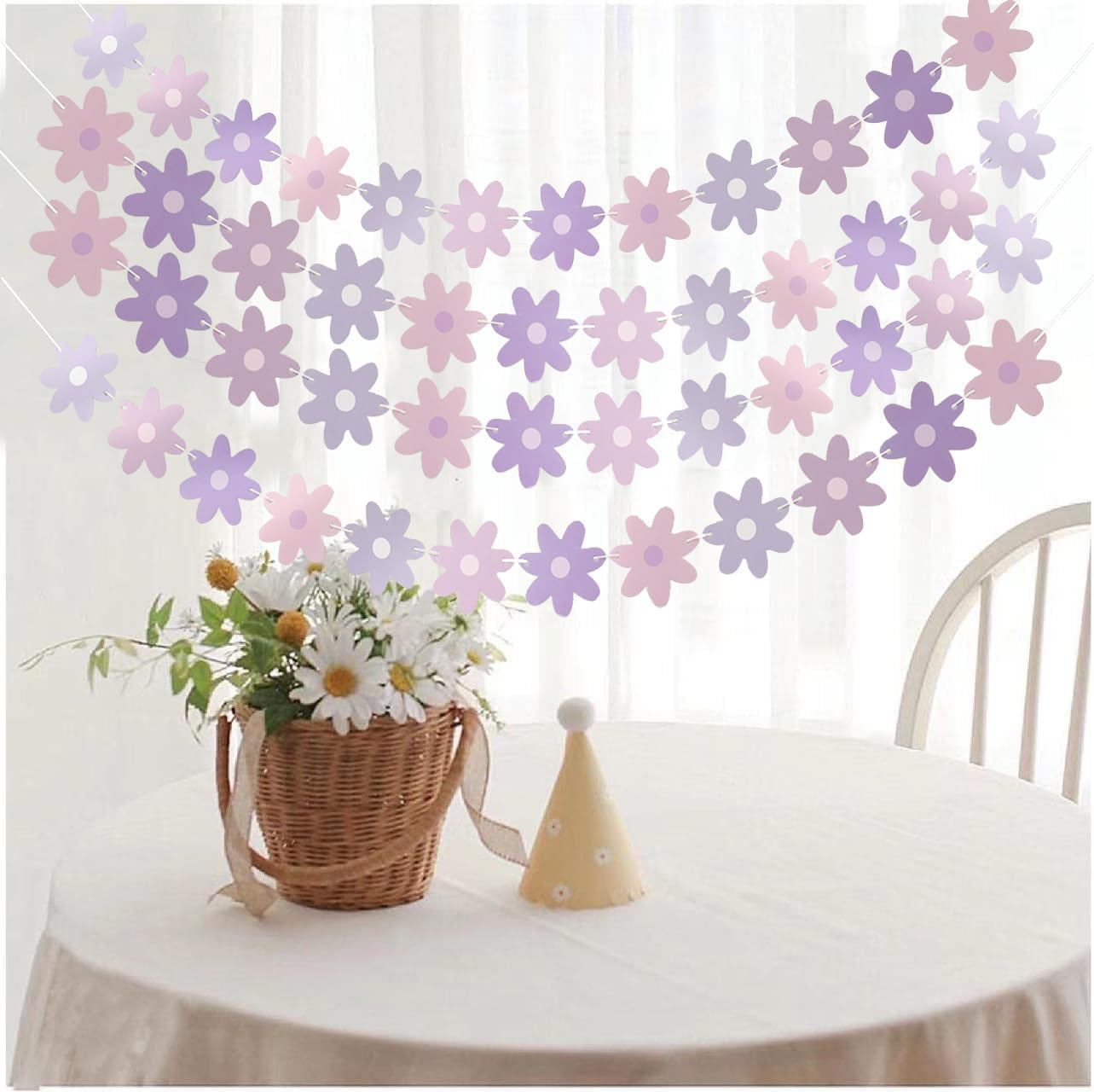 IONPSHG 4Pcs Daisy Boho Banner Party Decorations Cute Daisy Party Banner Purple Daisy Decor Spring Flower Garland Daisy Paper Cutouts for Indoor Outdoor Birthday Wedding Party Supplies (Purple) image number 3
