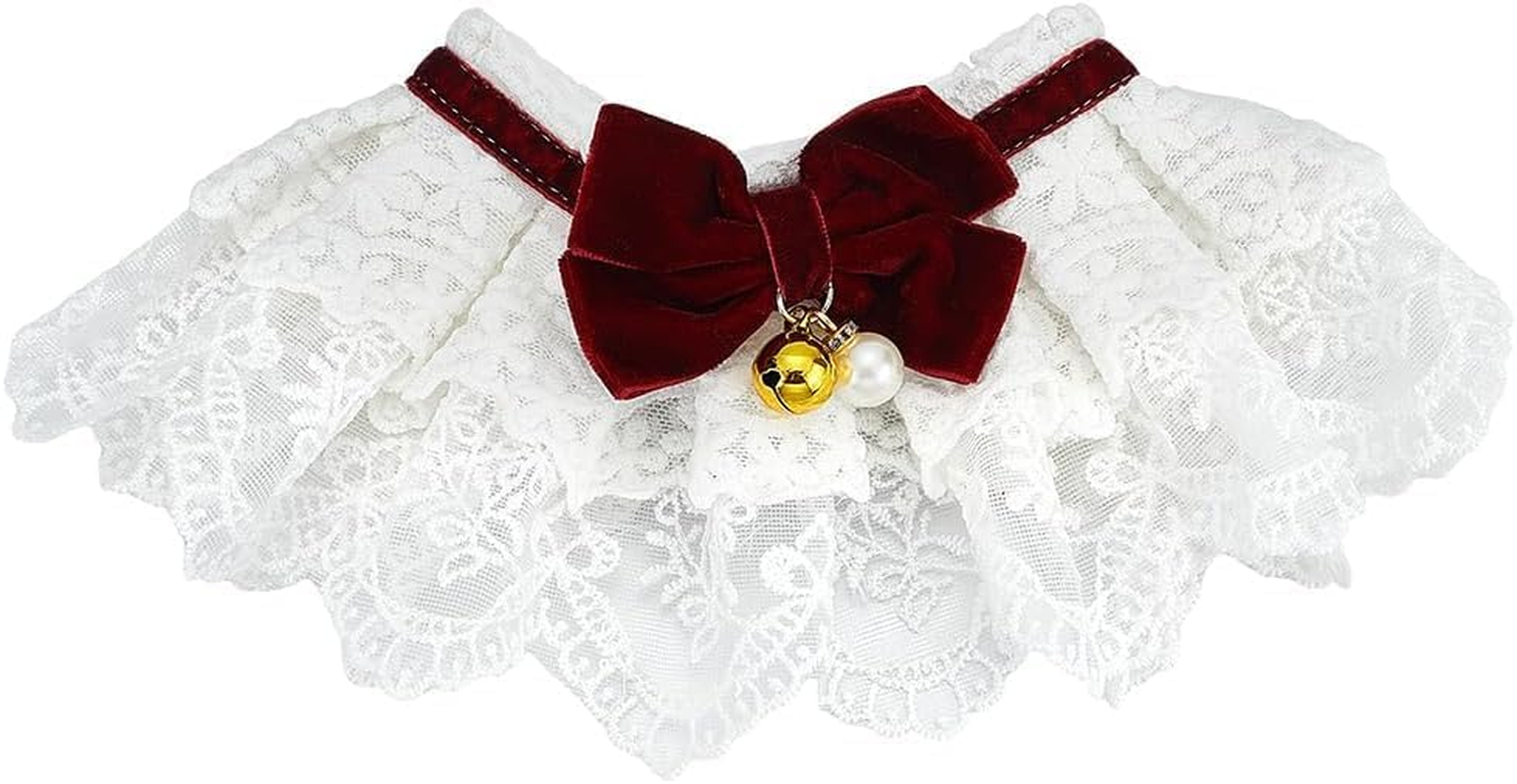 Pet Bib Laces Collar, Adjustable Strap Vintage Bowknot Bibs Collar Cute White Lace Dog Cats Bib Scarf Pet Costume for Cats Dogs Dress up Accessories (Dark Red, L(30Cm))