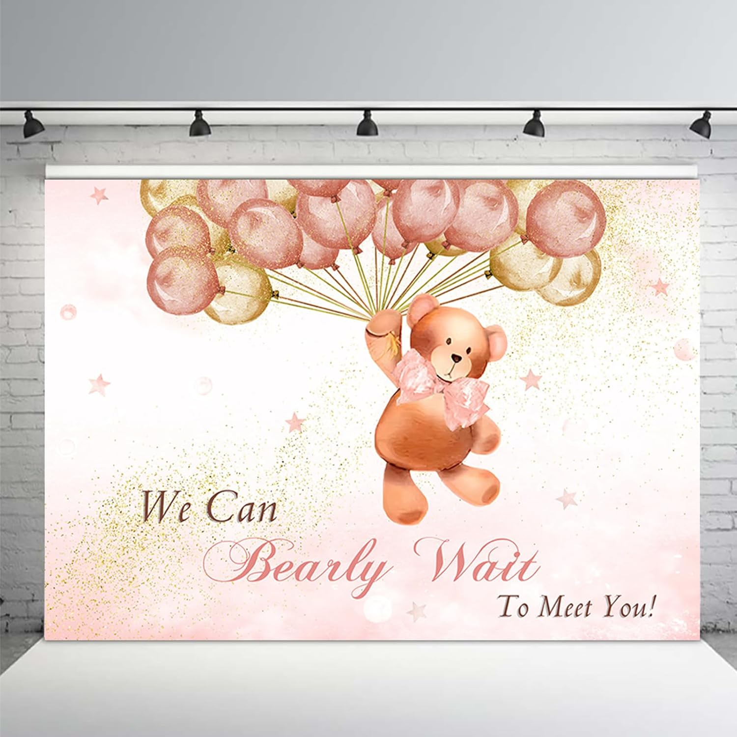 APROPHIC Bear Boy Baby Bathing Background We Can Look Forward to Meeting You Pink Balloon Gold Glitter Photo Background Party Banner Cake Table Decoration Photo Stand Accessories 210 X 150 Cm image number 5
