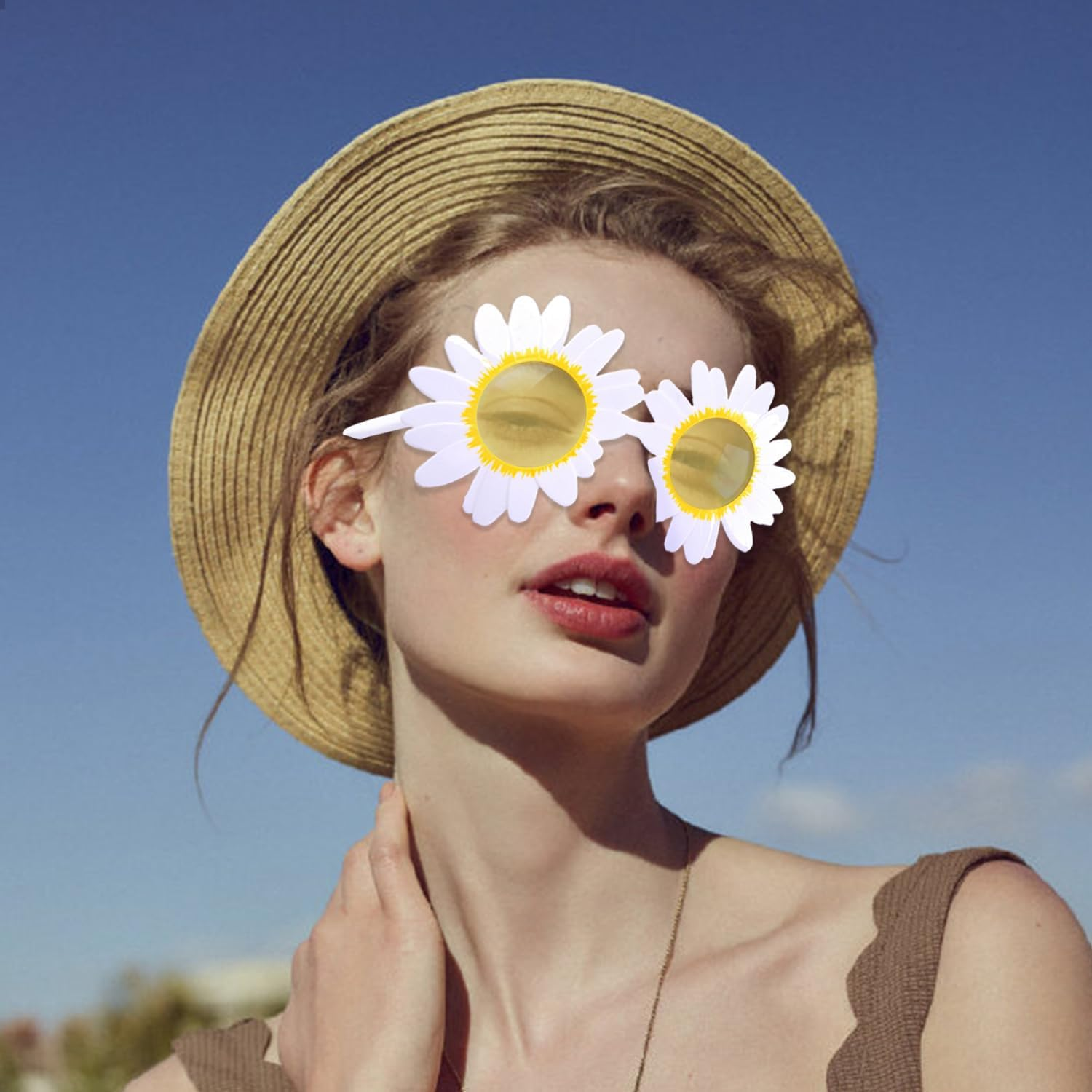 2 Daisy Hair Bands and 2 Glasses with Daisy Flowers, Fashion Garland Hair Band Floral Wreath Daisy Accessories for Women and Girls Elastic Fasteners Adjustable Travel image number 5