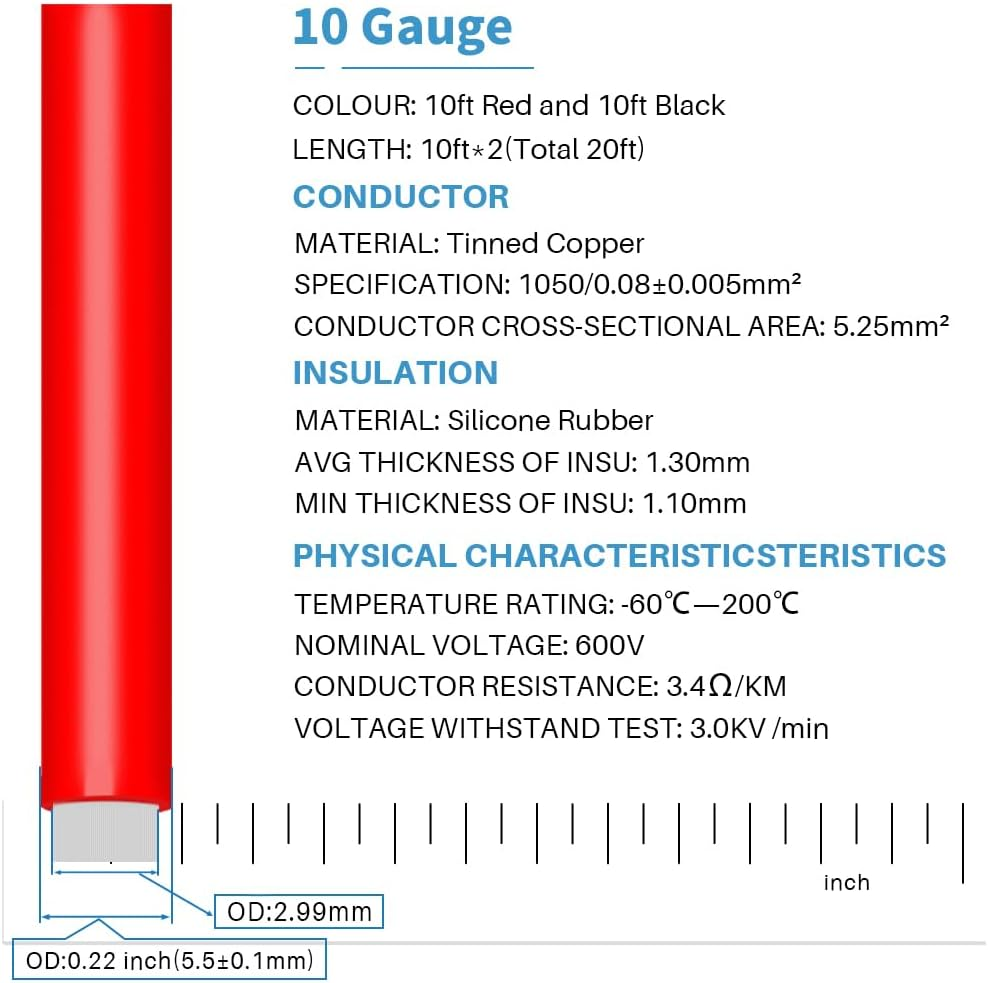 BNTECHGO 10 Gauge Silicone Wire Ultra Flexible 20 Feet High Temp 200 Deg C 600V 10 AWG Silicone Wire 1050 Strands of Tinned Copper Wire Stranded Wire Model Battery Cable Black and Red Each Color 10 Ft image number 2