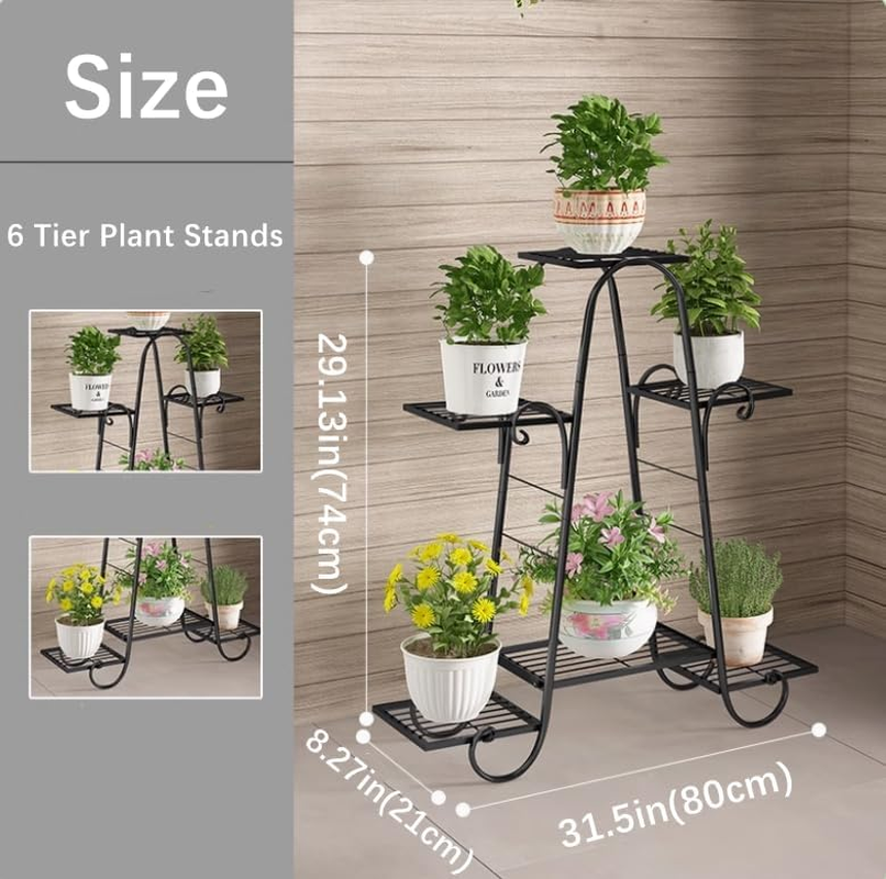 Carolyndesign 6 Tiers Plant Stand for Indoor and Outdoor Metal Plant Storage Shelf Multi-Layer Plant Pot Holder Rack, L31.5 X H29.13 X W8.27''（L80 X H74 X W21Cm) (Black)