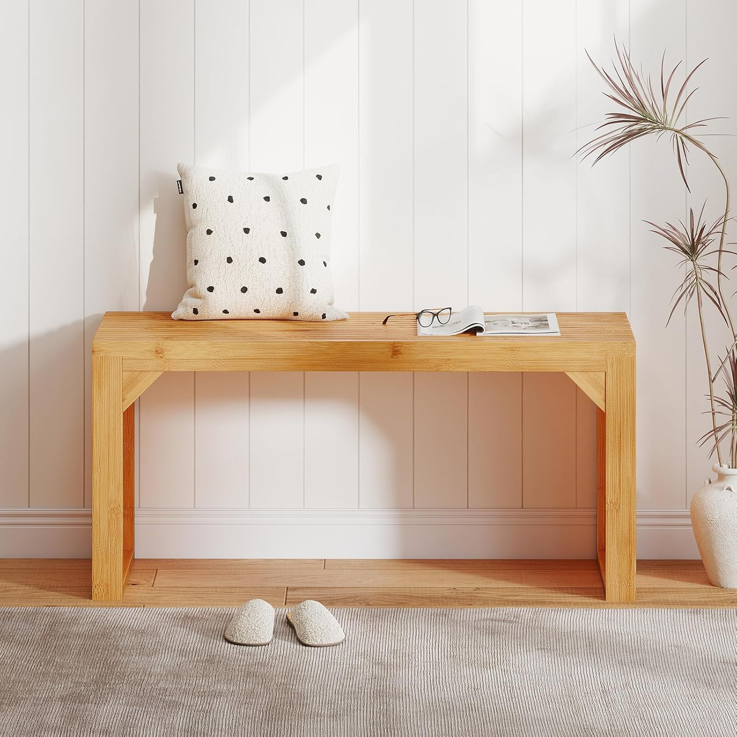 Giantex Bamboo Dining Bench, 90CM Long Entryway Bench, Indoor Outdoor Solid Wood Bench, Farmhouse Modern Seating Furniture for Dining Living Room Kitchen Bedroom Bathroom Hallway Front Door End of Bed image number 3