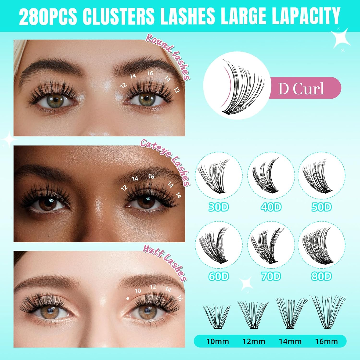 Lash Clusters 280Pcs 30D Eyelashes Cluster D Curl Individual Wispy Lashes Cluster for DIY Cluster Eyelash Extensions at Home for Beginners (30D,10Mm) image number 5