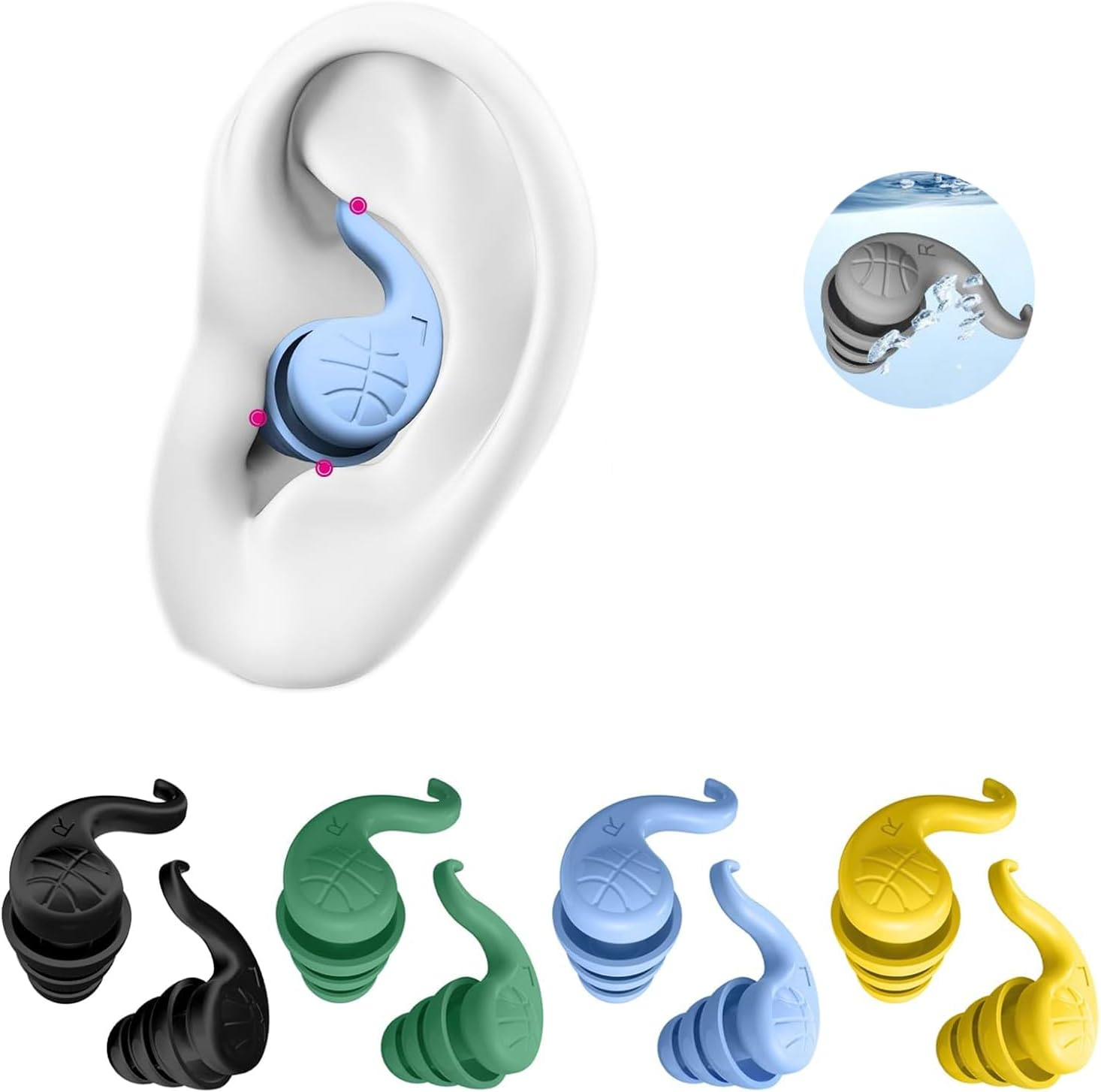 4Pairs Ear Plugs for Swimming，Soft Silicone Reusable Waterproof Ear Plugs for Noise Cancelling，Bathing, Surfing, Swimming, Kayaking(Black,Green,Blue,Yellow) image number 4