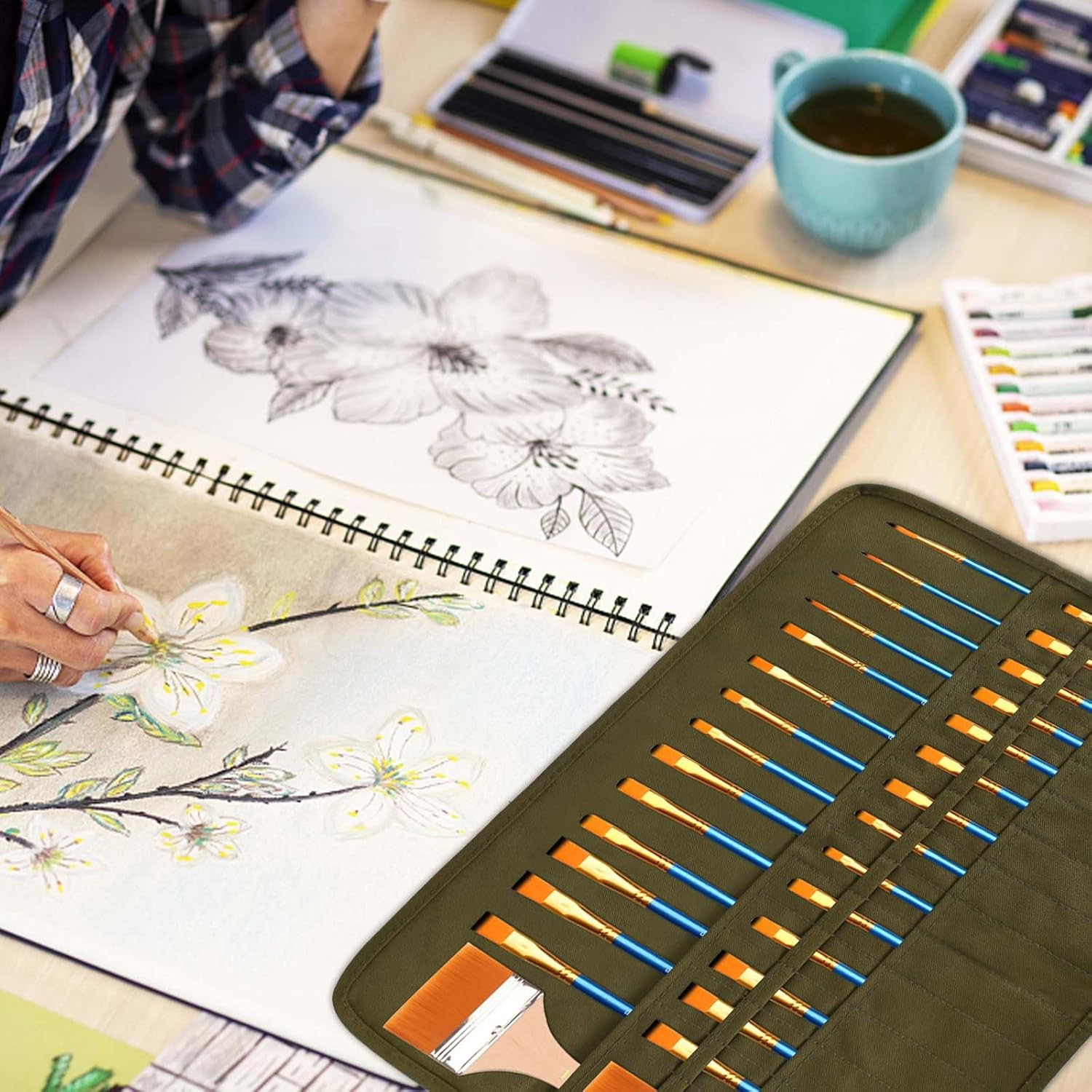 Roll up Paint Brush Holder 30 Slots, Canvas Pouch, Paint Brush Storage, Artist, Makeup, Acrylic Oil Watercolor Gouache image number 1