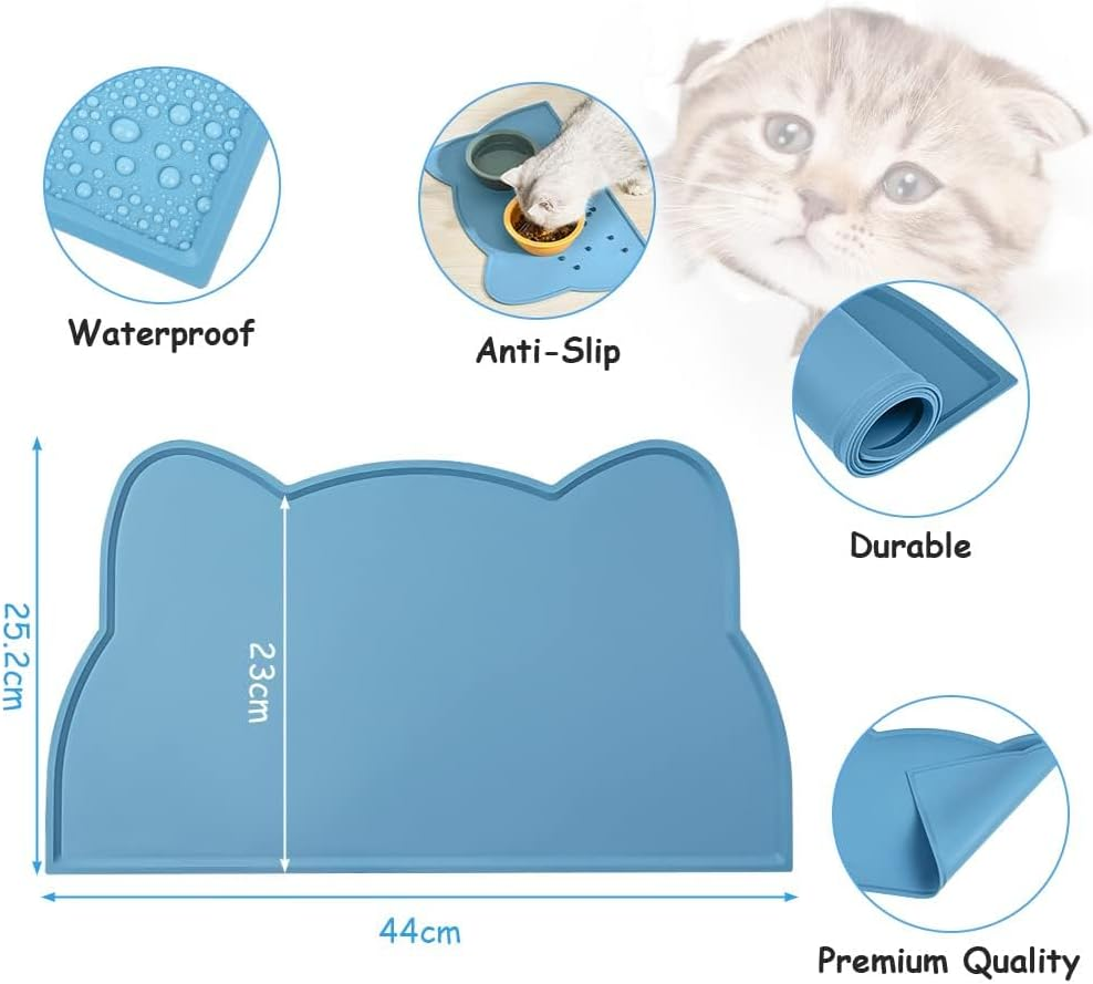VSSHE Cat Food Mat, Silicone Pet Food Mat for Floor Non-Skid Waterproof Dog Water Bowl Tray Mat Dog Cat Placemat Mat with Raised Edge 18 * 9.8'' Pet Feeding Food for Small Dogs and Cats Blue image number 2