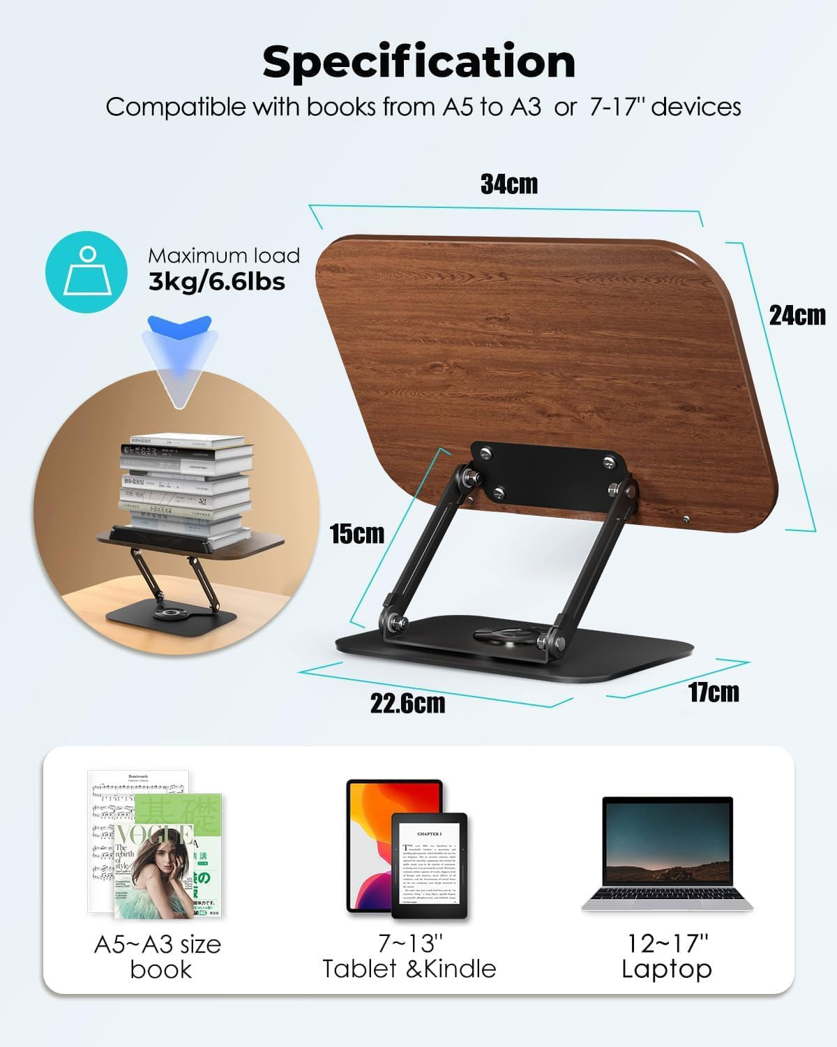 Book Stand for Reading,Book Holder, Height&Angle Adjustable, 360&deg; Rotating Base, Foldable and Portable, Lightweight for Office, Kitchen, School Textbook, Recipe,Kindle,Tablet (Dark Wood)