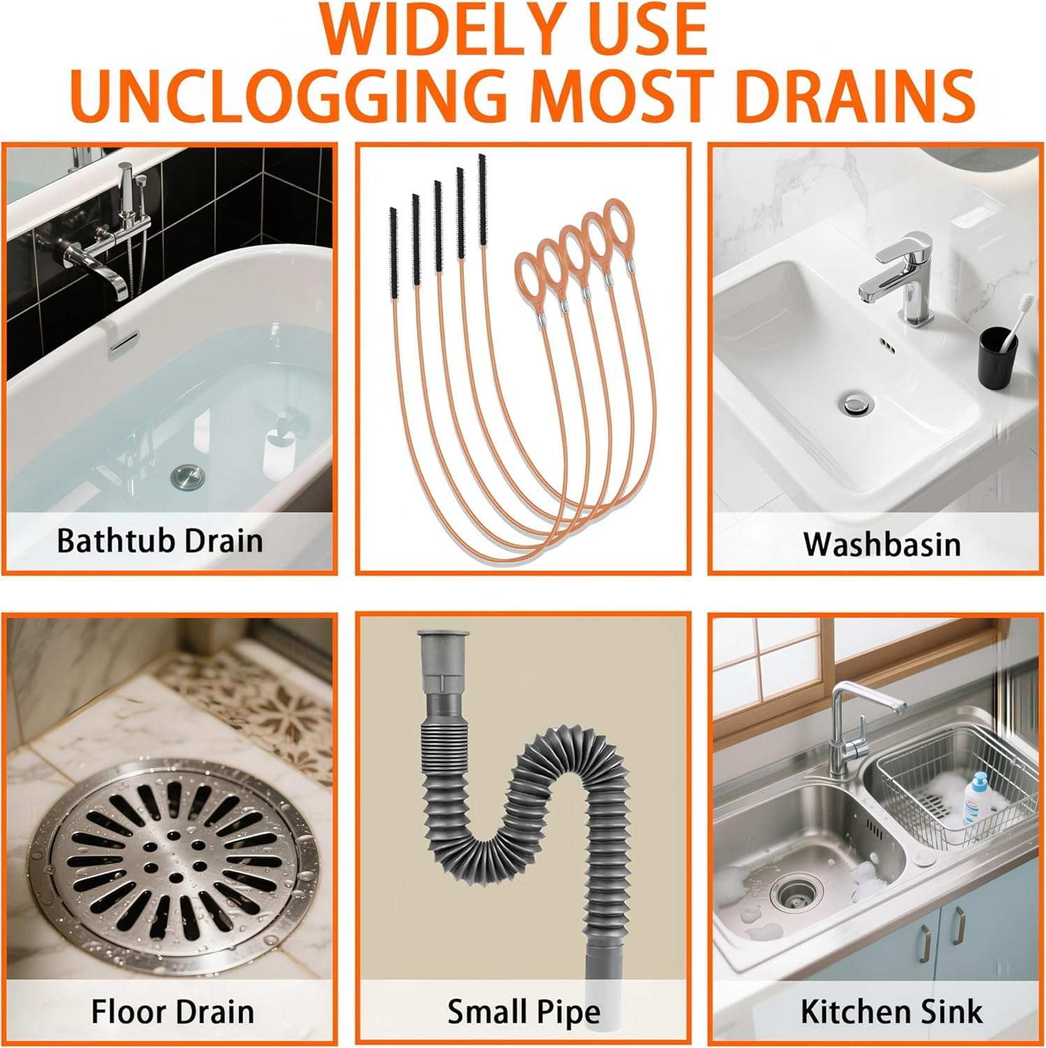 32 Inch Drain Snake Sink Unblocker Tools(5 Pack), Unbreakable Metal Drain Cleaners and Unblockers, Long/Flexible/Thin Hair Clog Remover to Unclog Bathroom Sink, Tub, Shower Drain Unclogger image number 5