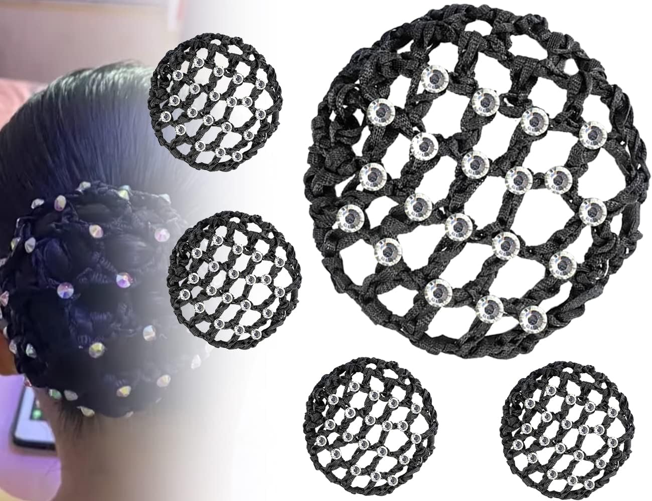 KAPSING Pack of 5 Bun Net Hair Net, Black Bun Net, Bun Hairstyle Aid Fabric Knot Net for Gymnastics Rhythmic Sports Gymnastics Ballet image number 6
