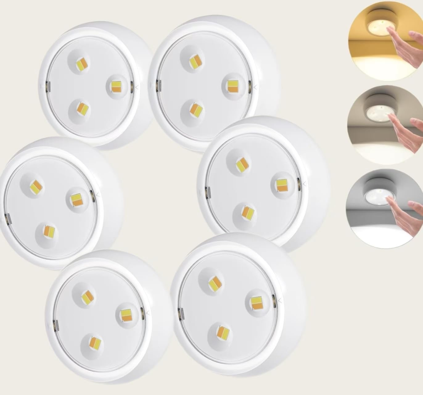 Touch LED Puck Lights, Wall Lighting Fixtures, Portable under Cabinet Lighting, Battery Operated Powered, DIY Stick on Light Wireless, Closet Kitchen Warm White, 3 Color