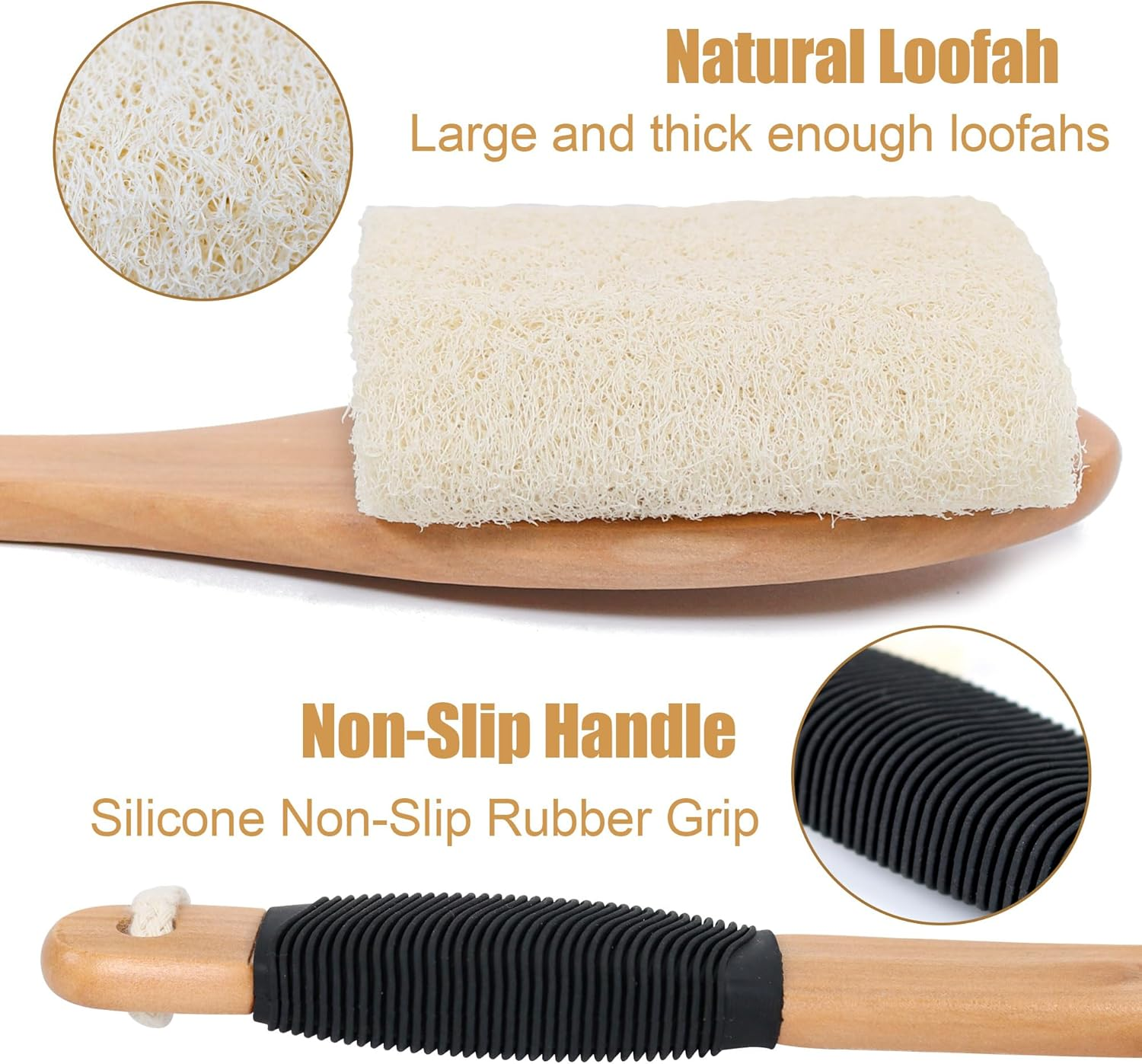 OWIIZI Back Loofah Scrubber Brush with Long Handle, Hard Loofa Sponge Body Bath Scrubber for Shower, Natural Luffa Skin Exfoliating on a Stick for Men Women Elder