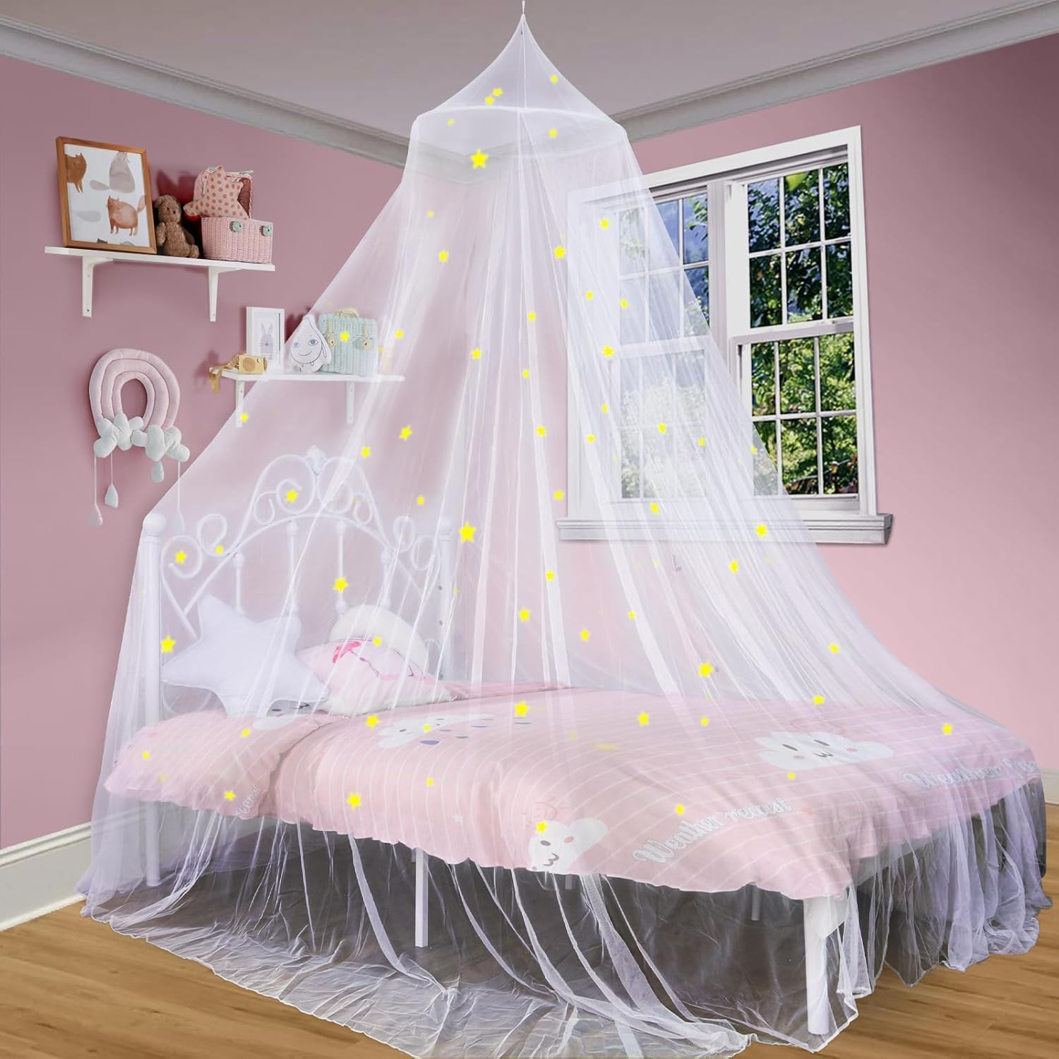 South to East Bed Canopy with Fluorescent Stars Glow in Dark for Baby, Kids, Girls or Adults, Mosquito Net Use to Cover the Baby Crib, Kid Bed, Girls Bed or Full Size Bed, Fire Retardant Fabric