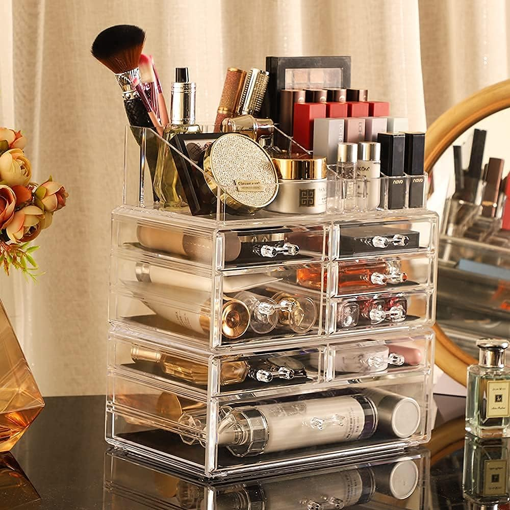 Cq Acrylic 3 Pack Clear Make up Organizer Countertop,Stackable 8 Drawers Makeup Storage,Cute Vanity Organizers for Dresser Hair Clip,Jewelry,Beauty Product Desk and Bathroom Organizers and Storage image number 1