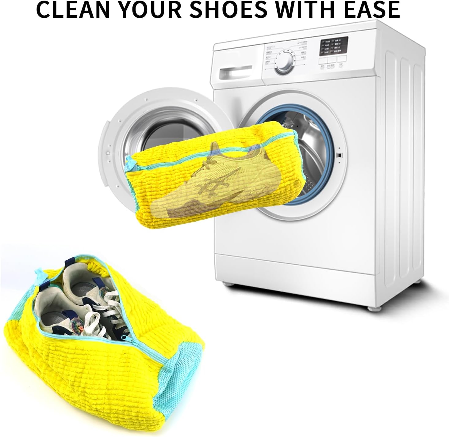 QUMOX Shoe Laundry Bag for Washing Machine and Dryer, Durable Reusable Shoe Washing Bag with Plush Zipper Cover, Ideal for Sneakers, Gym Shoes, Tennis Shoes, Delicates, and Slippers, Yellow 2-Pack - Blue image number 2