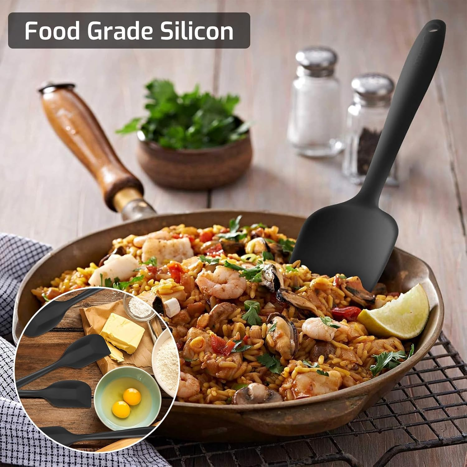 2 Pack Silicone Spatula Set - Ergonomic Handle for Non-Stick Pans, Ultra Heat Resistant - BPA Free & Dishwasher Safe, Perfect for Baking, Cooking, Mixing (Black) image number 2