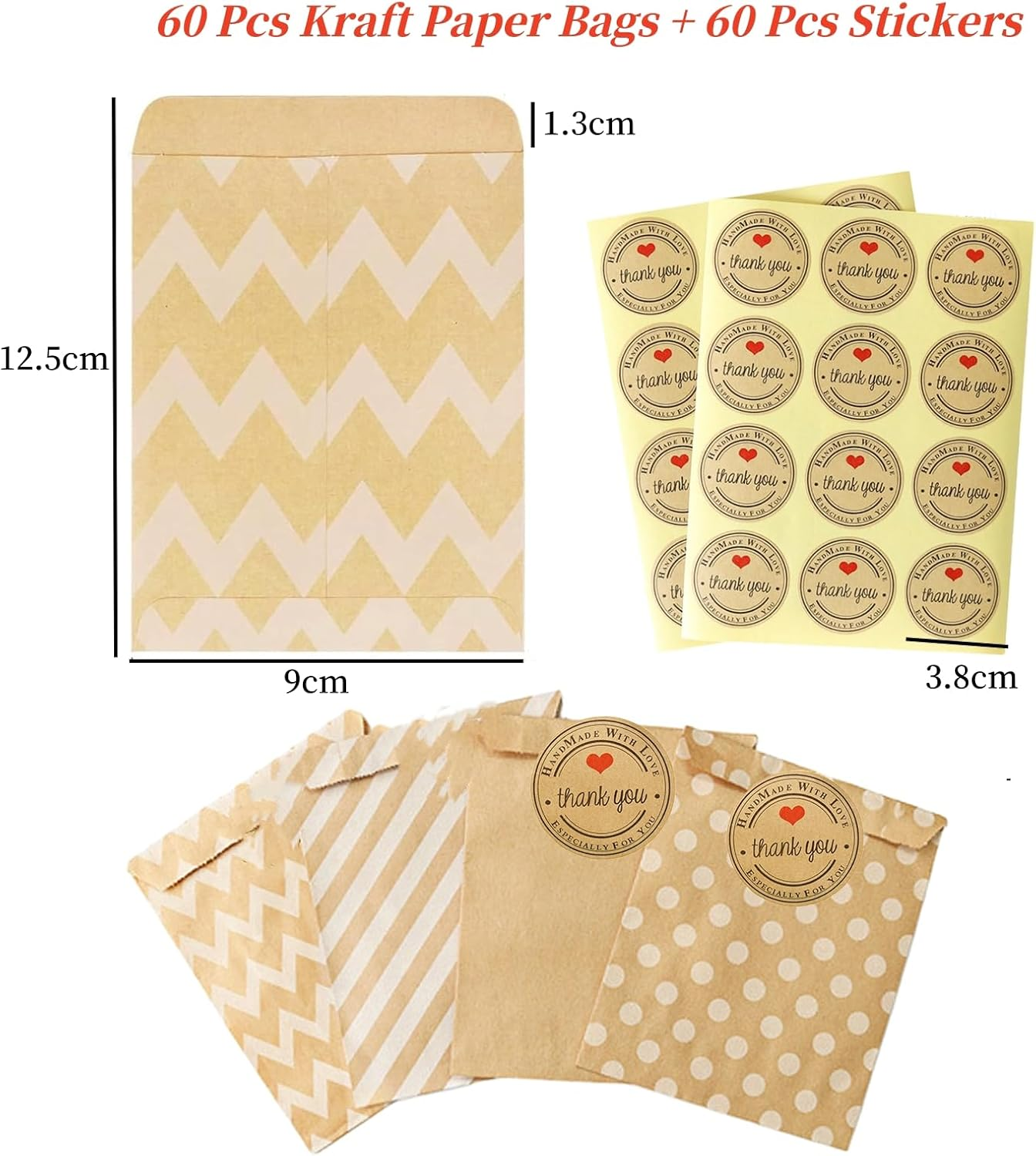 MAIHUO 60 Pcs Mini Gift Bags,Party Kraft Paper Bag with Thank You Stickers,Small Goodie Bag,4 Patterns Greeting Card Envelope,9X11.5Cm image number 3