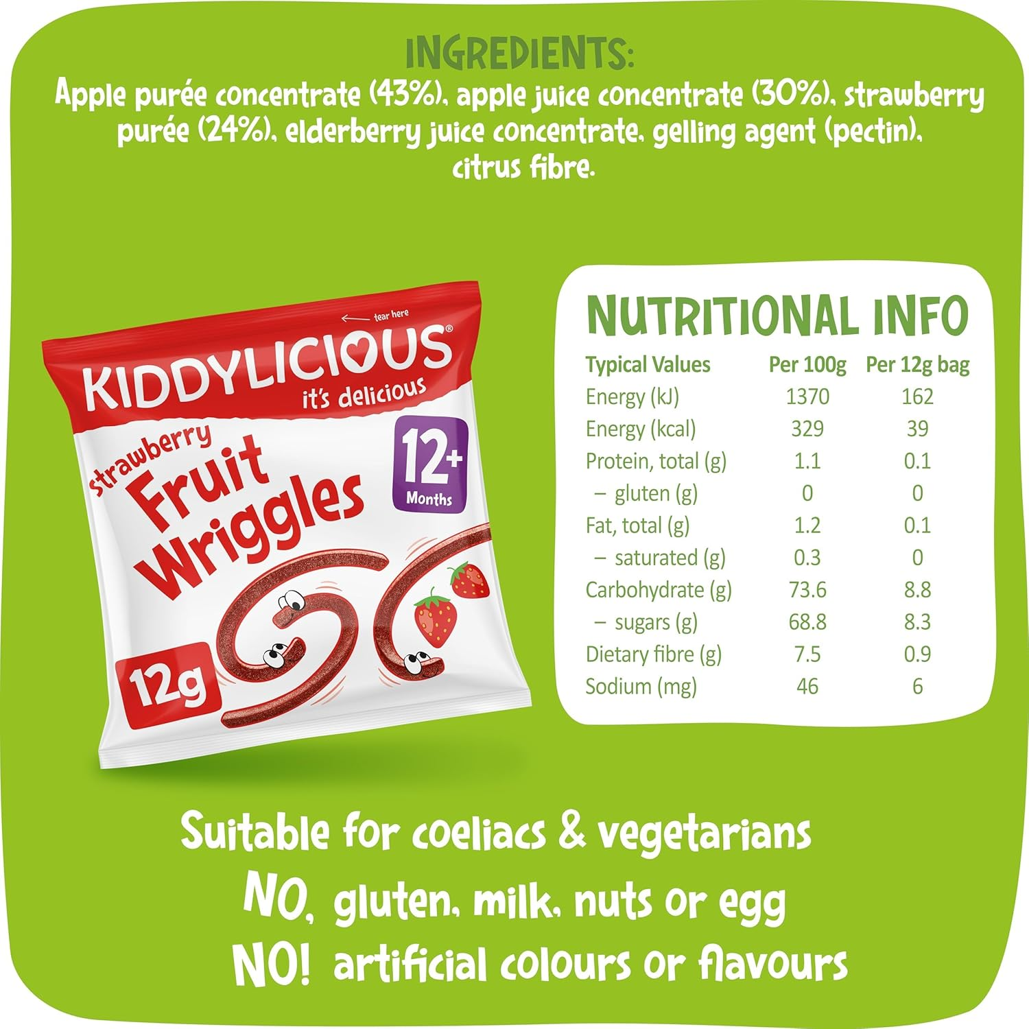 Kiddylicious - Fruit Wriggles - Strawberry - Delicious Snacks for Babies - Suitable for 12+ Months - 12G image number 1