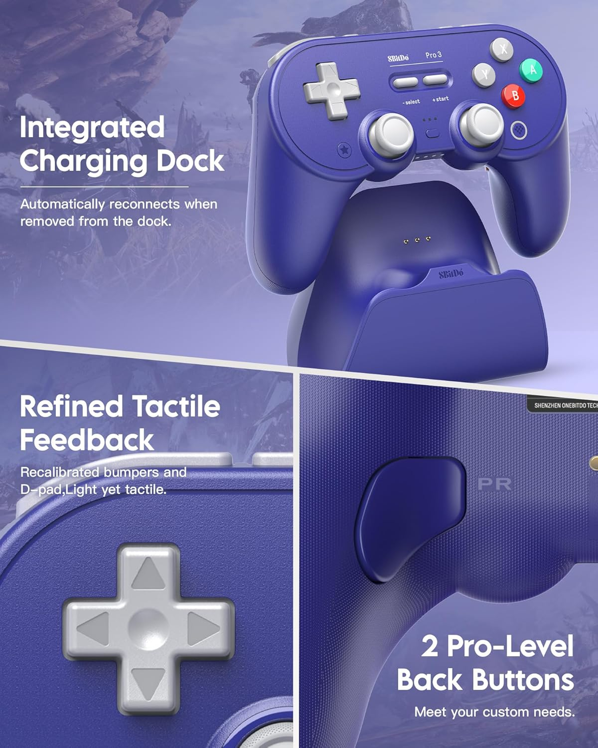 8Bitdo Pro 3 Bluetooth Controller for Switch/Switch 2 - TMR Joysticks, Swappable ABXY Buttons, Pro Back Buttons, Charging Dock, Hall Effect Triggers, Windows/Apple/Android（Purple）