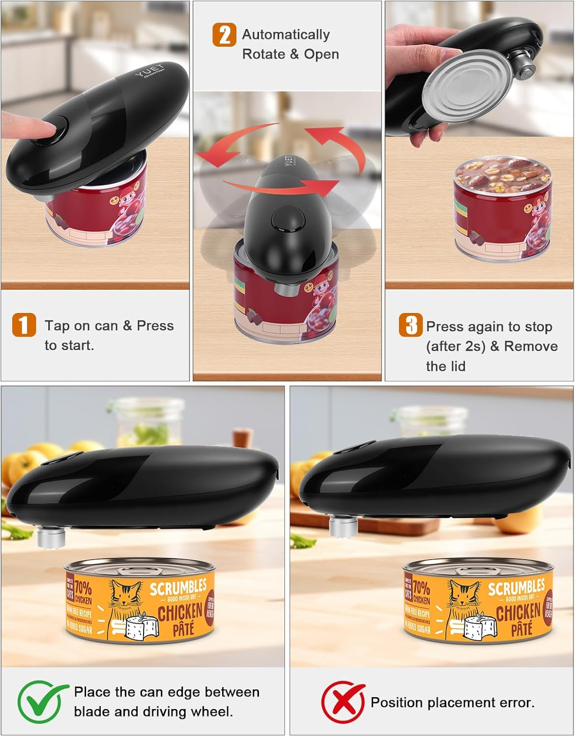 YUET Electric Can Opener, Automatic One-Touch Tin Openers, Ergonomic, Smooth Edge, Portable Kitchen Gadget Tool for Seniors with Arthritis, Fits All Cans Sizes, 4 AA Batteries Required (Not Included) image number 4