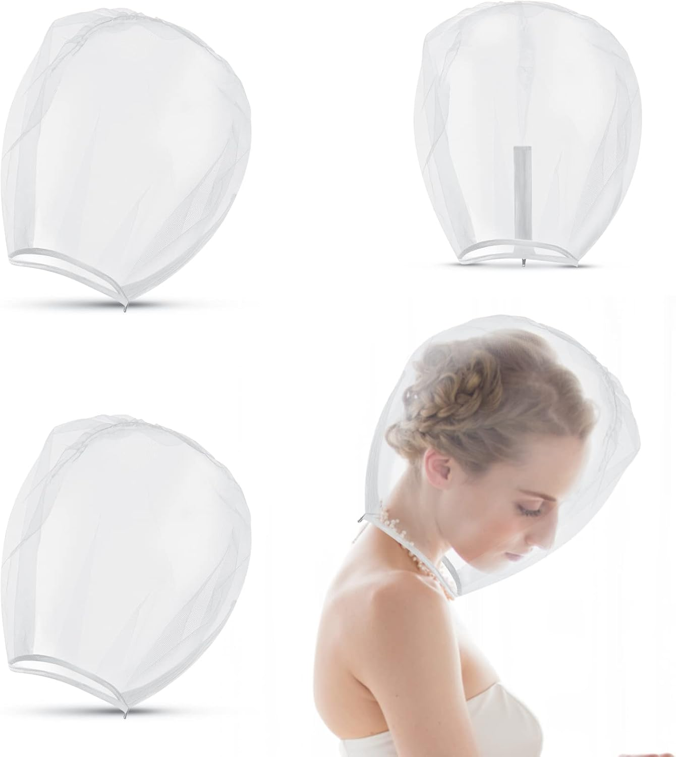 Flutesan 3 Pieces Makeup Protector Hood Protects Hair and Make up Nylon Chiffon Light Airy Makeup Hood Zipper Closure Face Cover Washable Hair Net Face Mask Cover for Women Beauty Weddings(Pink)