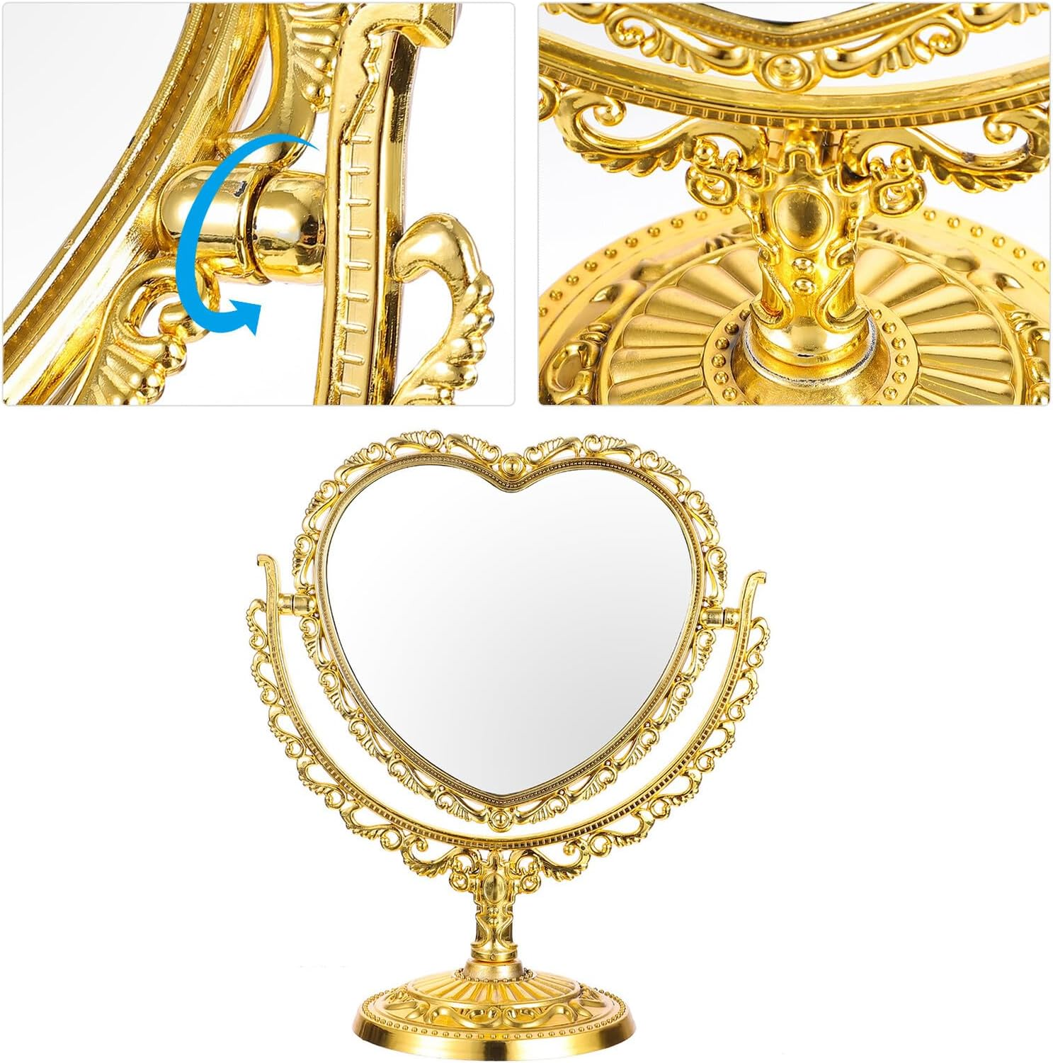 TEHAUX Vintage Heart-Shaped Desktop Makeup Mirror with Stand, Double-Sided Cosmetic Countertop Mirror in Gold, Suitable for Bathroom and Bedroom Vanity Use image number 6