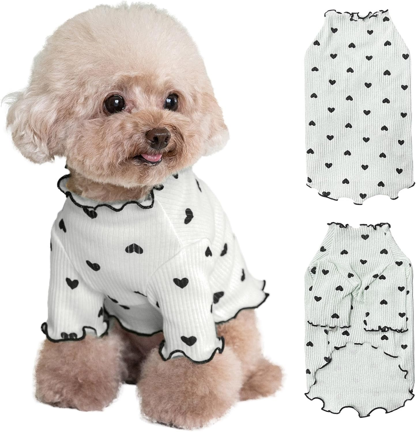 Yaopelky Pet Clothes for Small Dogs Cat Summer Fall Heart Print Shirt Stretchable Ruffle Long Sleeve Outfits for Chihuahua Schnauzer Shih Tzu Yorkie (Pink, Small)