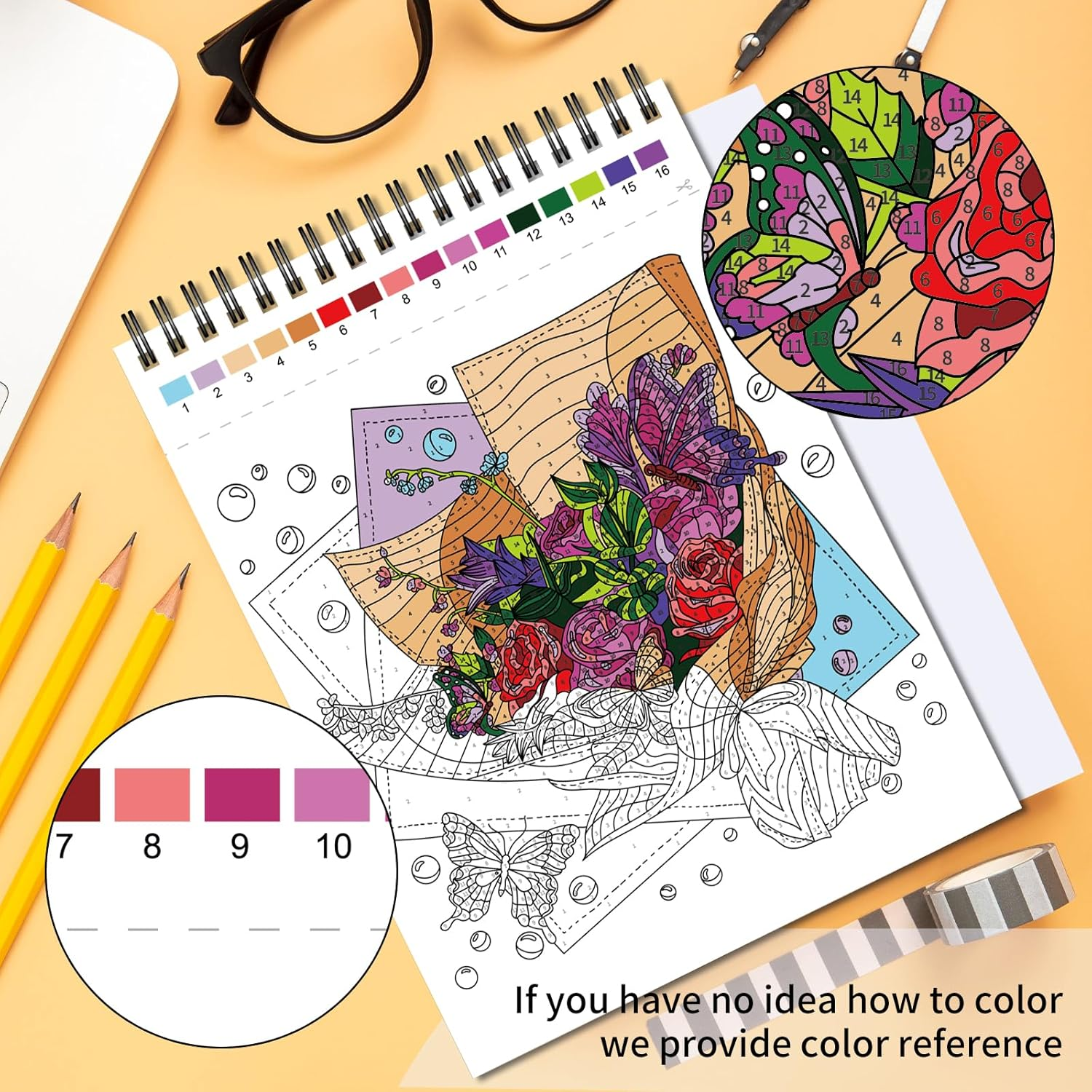 Jadeso Colour by Numbers Adult Colouring Book, Colouring Book for Adult Relaxation, Adult Colouring Book for Women, 30 Pages of Flower Patterns with Top Spiral Bound, Colour by Numbers for Adults, A4 Size with Cardboard image number 6