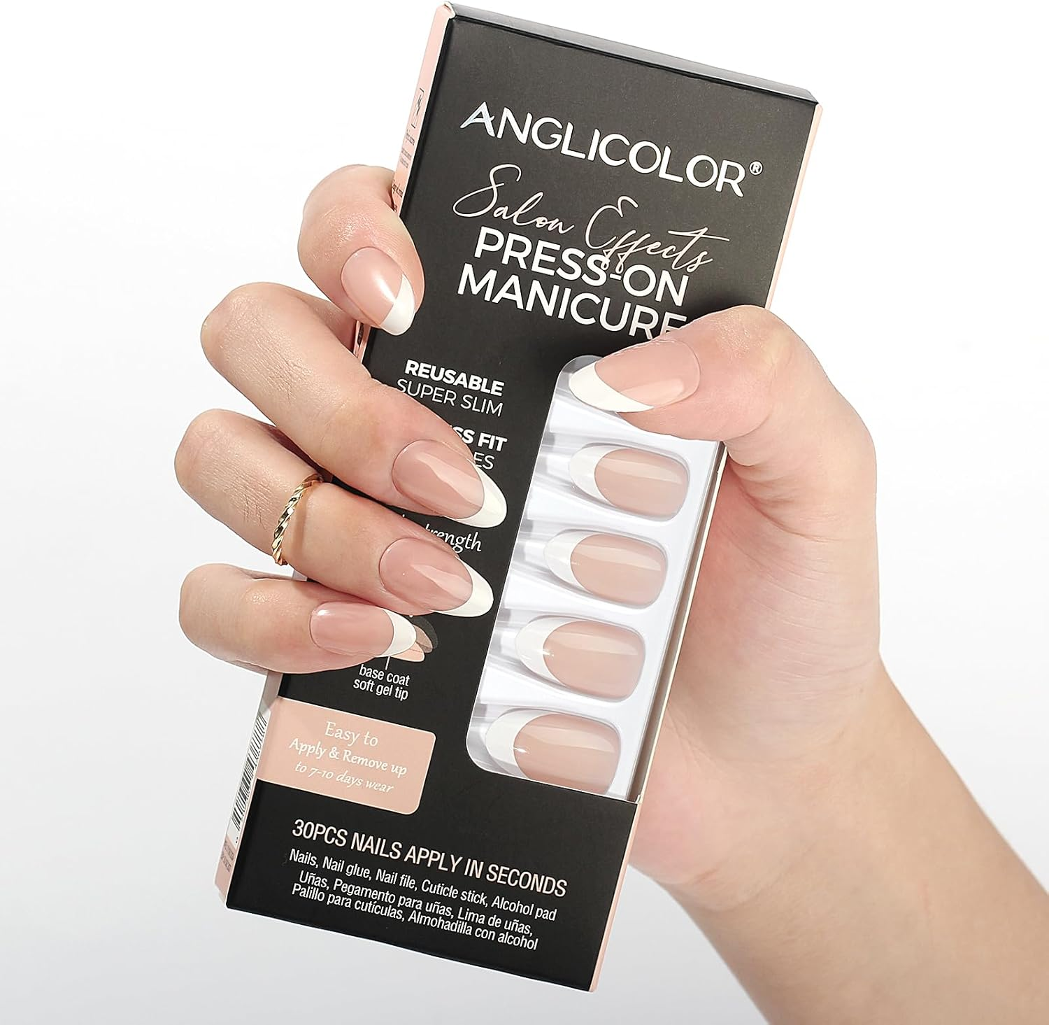 Anglicolor Press on Nails,Press on Nails Short,Short Almond Nails,30 Pcs Soft Gel Fake Nails in 15 Sizes, Reusable Fake Nails Kit with Nail Glue (A103, 30 Count)