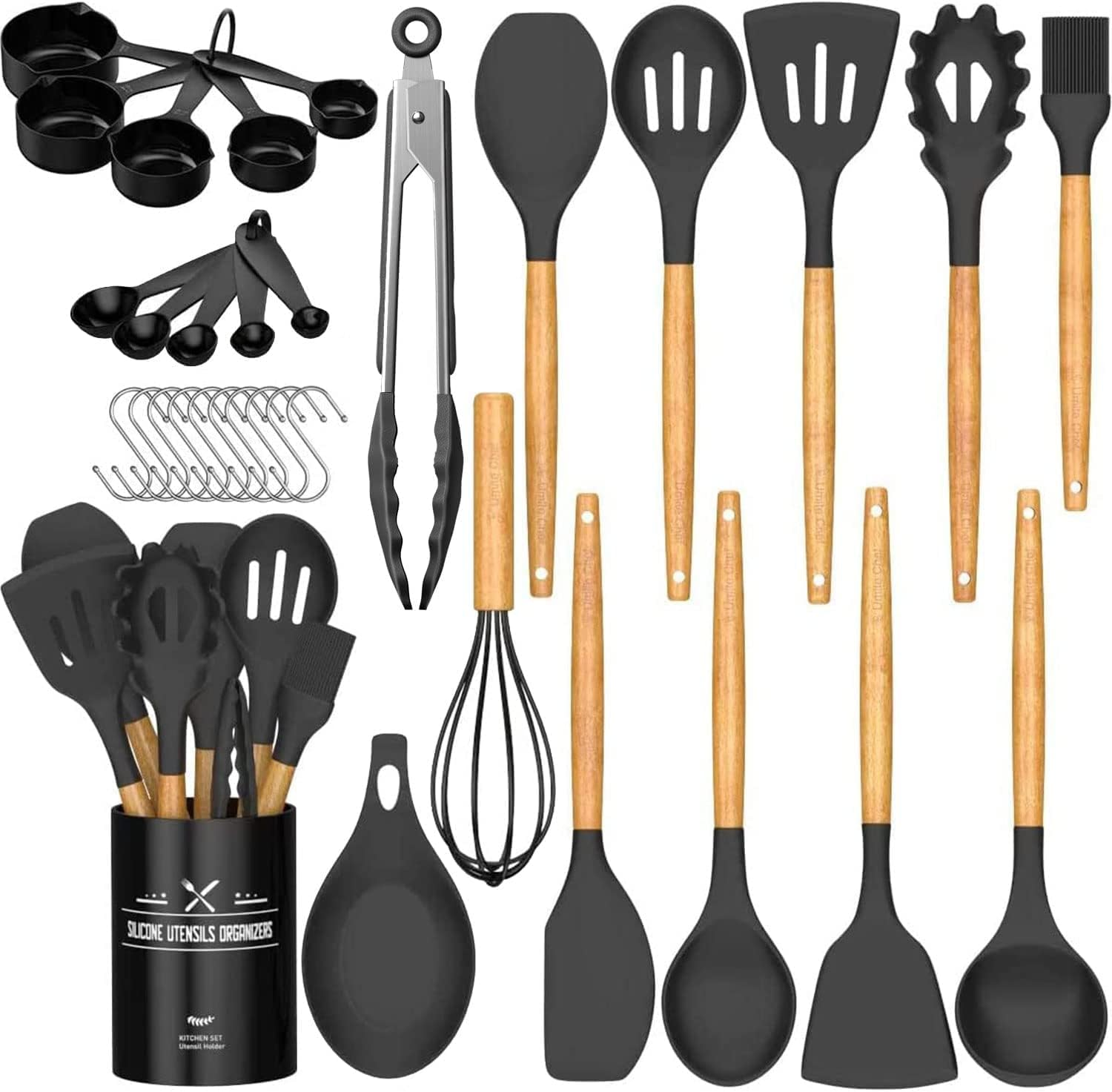 Kitchen Utensil Set Silicone Cooking Utensils Umite Chef 24 Pcs Kitchen Utensils Tools Wooden Handle Spoons Silicone Utensil Set Spatulas Set Cookware Turner Tongs Whisk Kitchen Gadgets with Holder