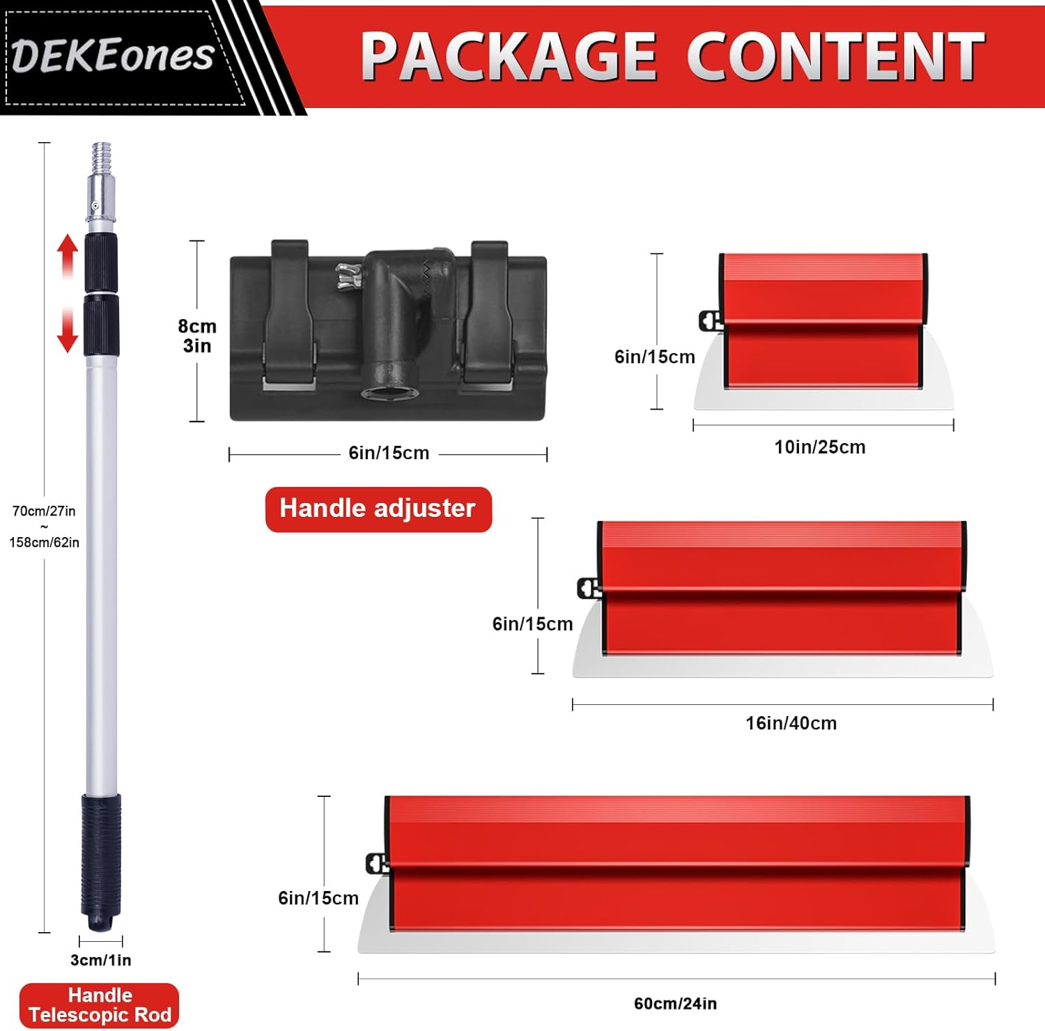 Dekeones Drywall Skimming Blade Set, Stainless Steel 10",16" & 24" Skimming Blades with 28"-62" Extension Handle Pole, Professional Drywall Skimming Tools for Smoothing Wall and Ceiling image number 5