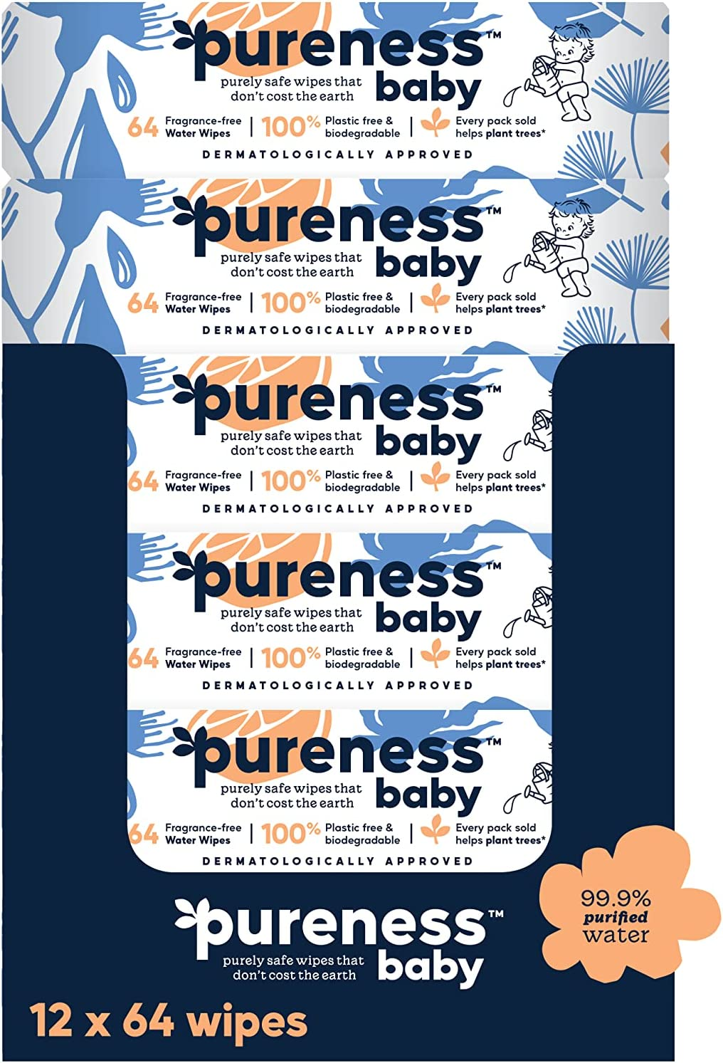Pureness Baby Biodegradable Plastic Free Sensitive and Newborn Skin Mega Value Wipes, Pack of 12, 768 Wipes image number 3