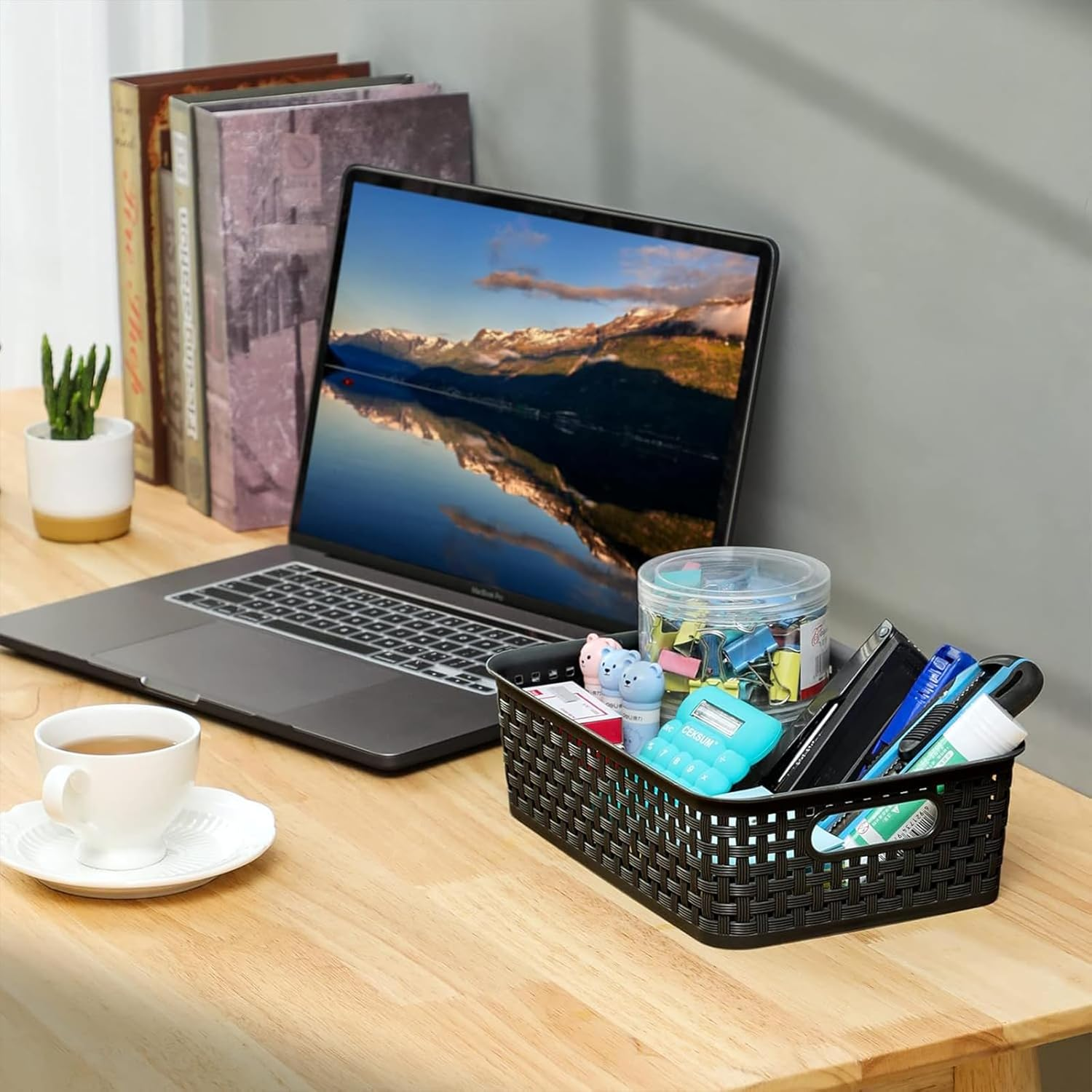 8 Pack Plastic Storage Baskets Set of Stackable Weave Baskets Sturdy Storage Containers with Handle for Shelves, Desktops, Cabinets, Bedrooms, Office (Black - 8 Pack) image number 5