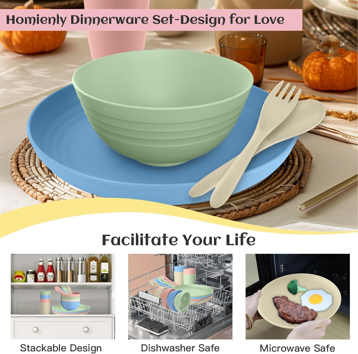 Wheat Straw Dinnerware Sets for 6, 42 Pcs Lightweight & Unbreakable Dishes, Microwave & Dishwasher Safe, Eco Friendly, for Camping, Picnic, RV, Dorm, Apartment,Plates, Cups and Bowls for Kids & Adults image number 6