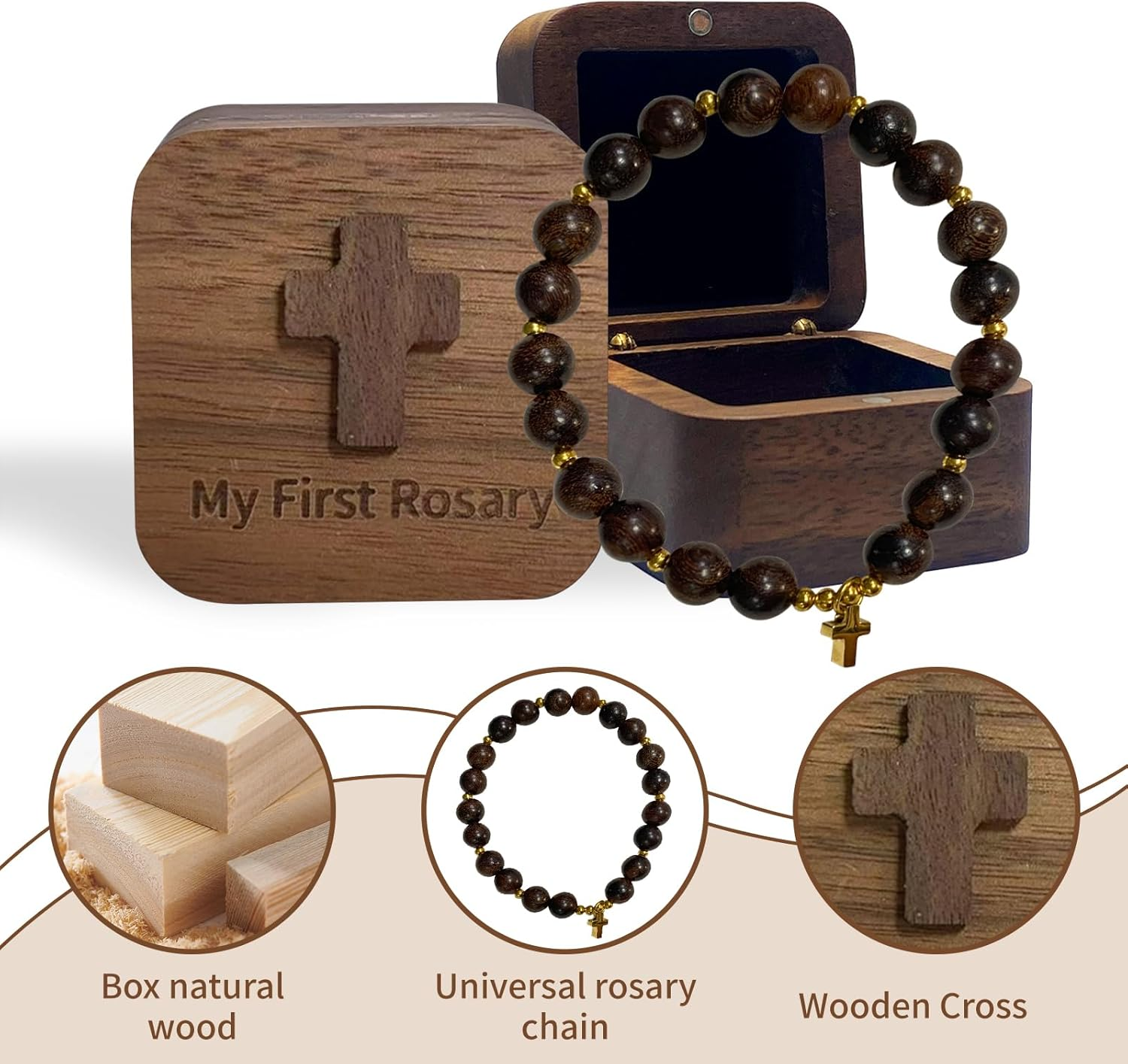 My First Rosary with Walnut Wood Keepsake Box, Catholic Baptism Gifts, Baby Rosary, Shower Rosary Beads, First Holy Communion Gifts for Boy and Girl