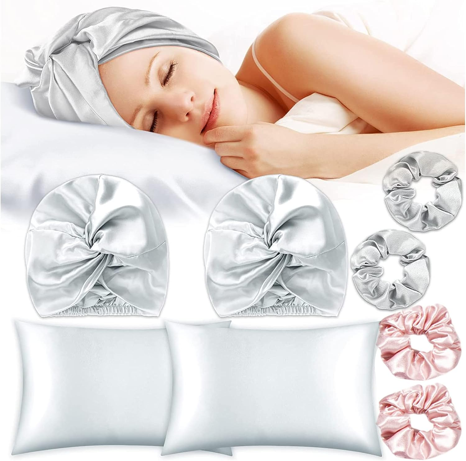 8Pack Satin Bonnet Silk Cap Pillowcase Scrunchies Set, Natural Night Bonnet Hair Wrap with Elastic Stay on Head, Silk Pillow Cases Elastic Ponytail Holders for Women Girls